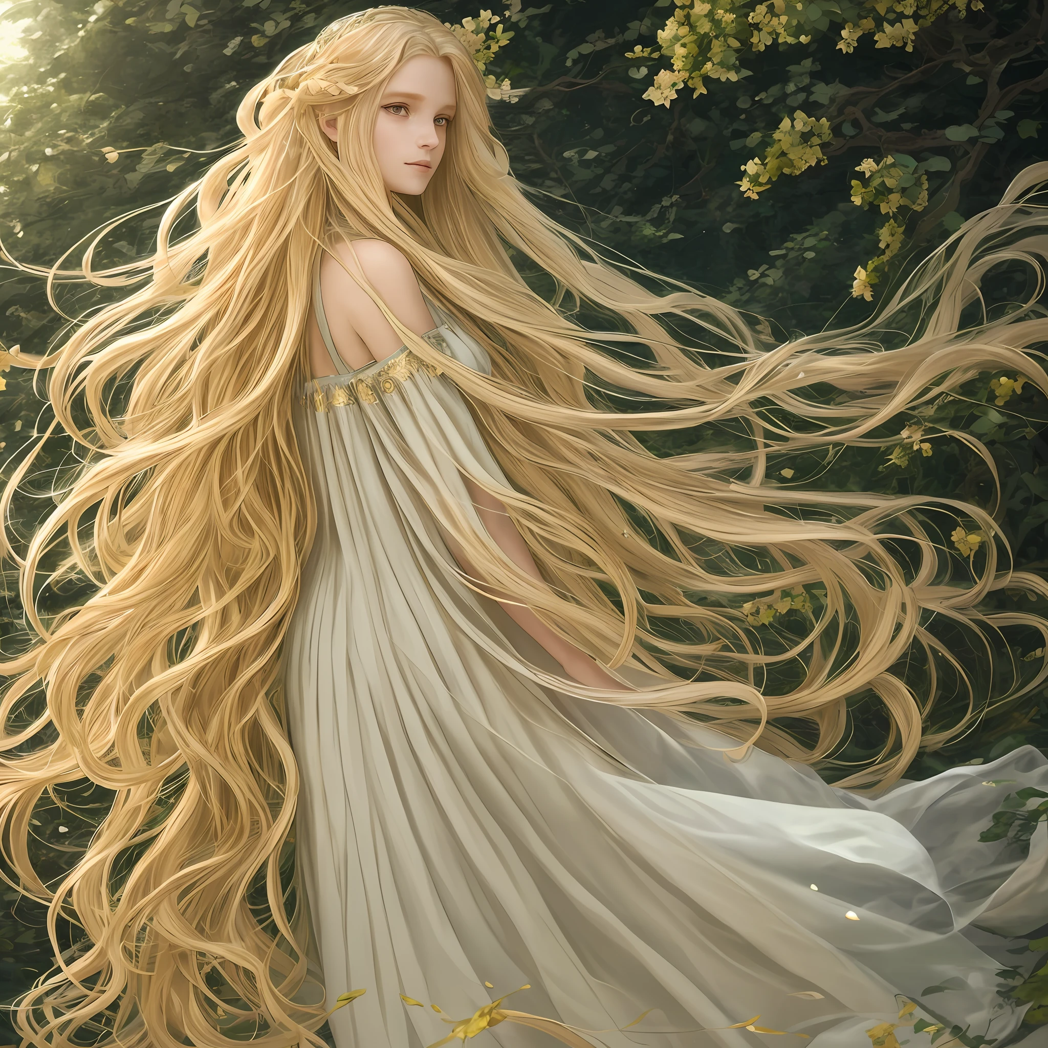 Seraphina has a serene and ethereal beauty, with flowing golden hair that cascades down her back in gentle waves. Her eyes are a warm and compassionate shade of hazel. She often wears flowing earth-toned robes adorned with natural accents like leaves and flowers