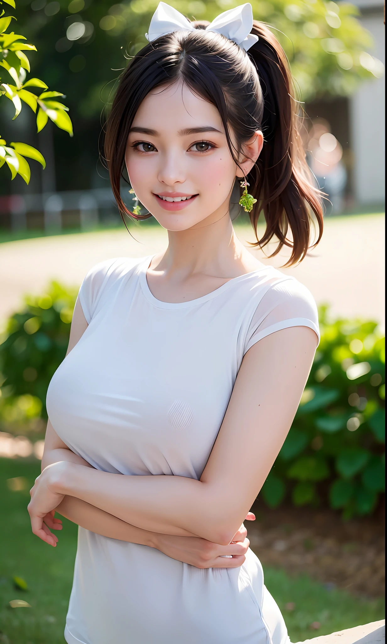 (8k, RAW photos,best quality, high resolution:1.1), (hyperrealistic:1.4),(realistic, photorealistic:1.3), soft light,big breasts,girl,realistic face,realistic body,realistic skin,absurdity,masterpiece,(cute:1.8), cuties, solo, (big breasts:1.2), detailed black eyes,innocent eyes,blusher,(t-shirt:1.2), cinema light,film grain,jewelry,earrings,((Medium hair:1.1)),((Floating Hair Novafrog Style)),cherry colored lips,hair ribbon,hair bow,ponytail,closeup,look viewer,long hair,upper body,open lips,upper teeth, (smiling eyes:0.6),((grinning:1.2)),depth of field, blurred background, eye focus, Bokeh,Young, 85mm Lens, f/1.4,Professional Lighting, Young,Portrait,Photon Mapping,Radiosity,Physically Based Rendering,No Bra