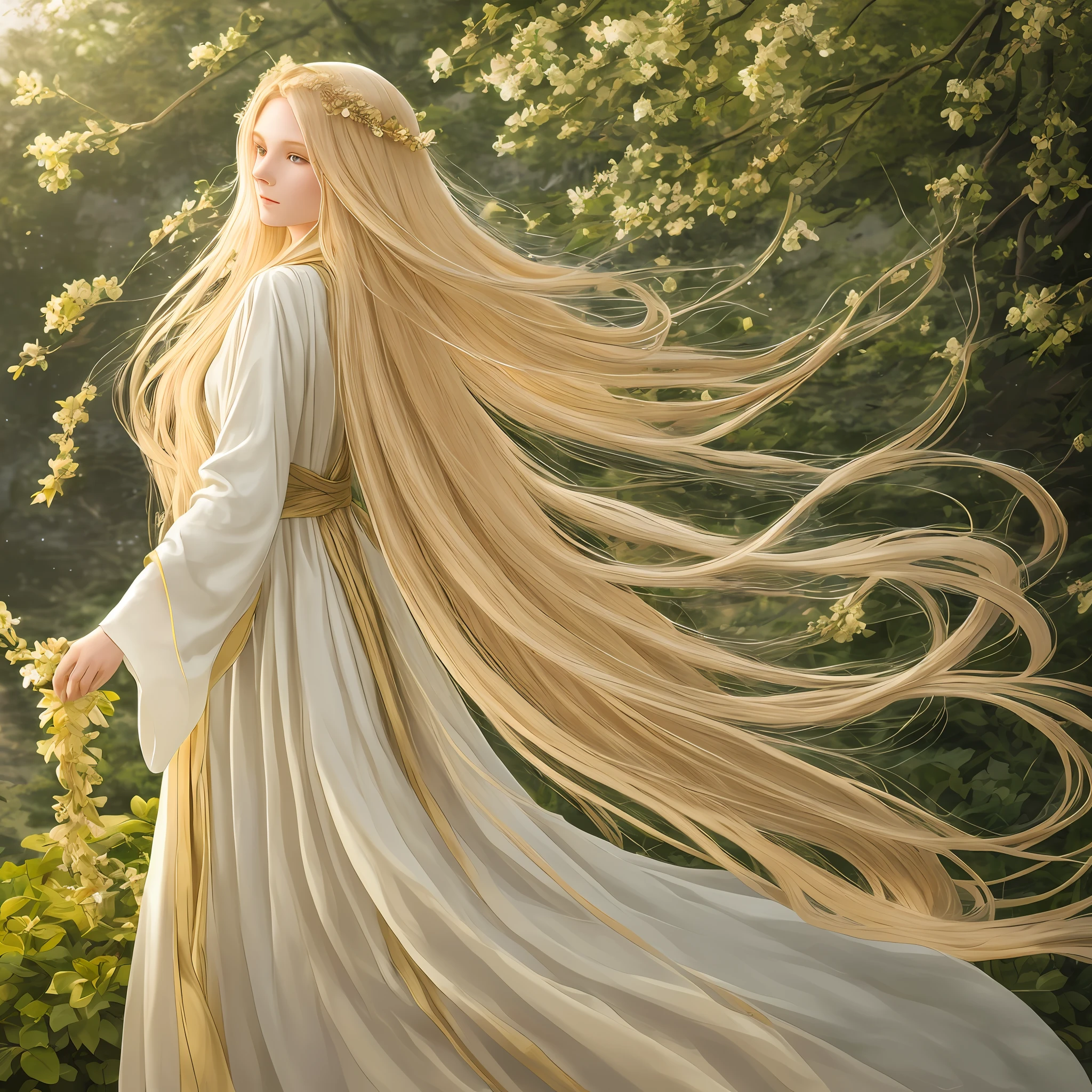 Seraphina has a serene and ethereal beauty, with flowing golden hair that cascades down her back in gentle waves. Her eyes are a warm and compassionate shade of hazel. She often wears flowing earth-toned robes adorned with natural accents like leaves and flowers