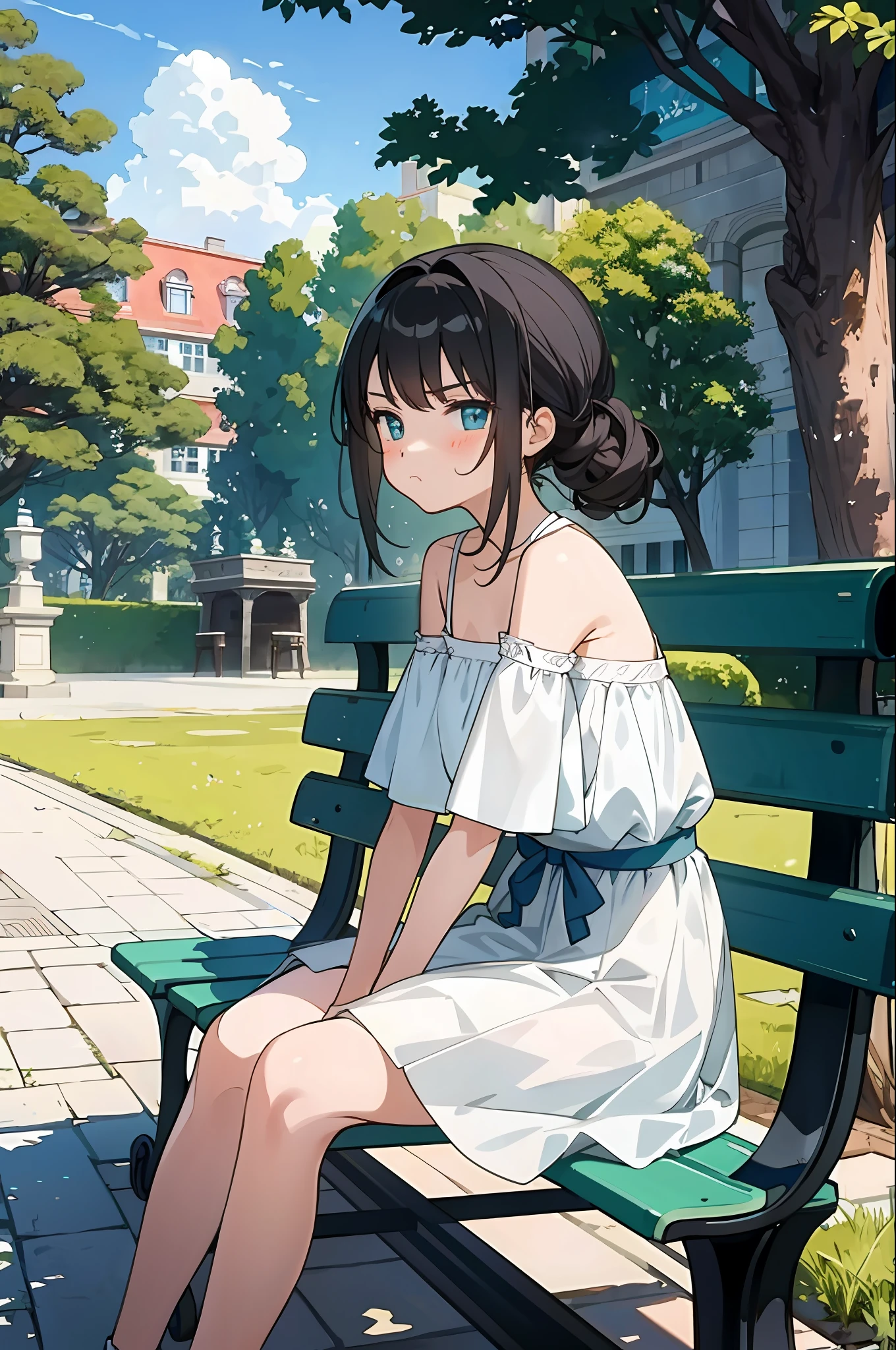 (masterpiece, best quality) detailed, 1girl, solo, pouting, bare shoulders, park, bench, sitting, bottle