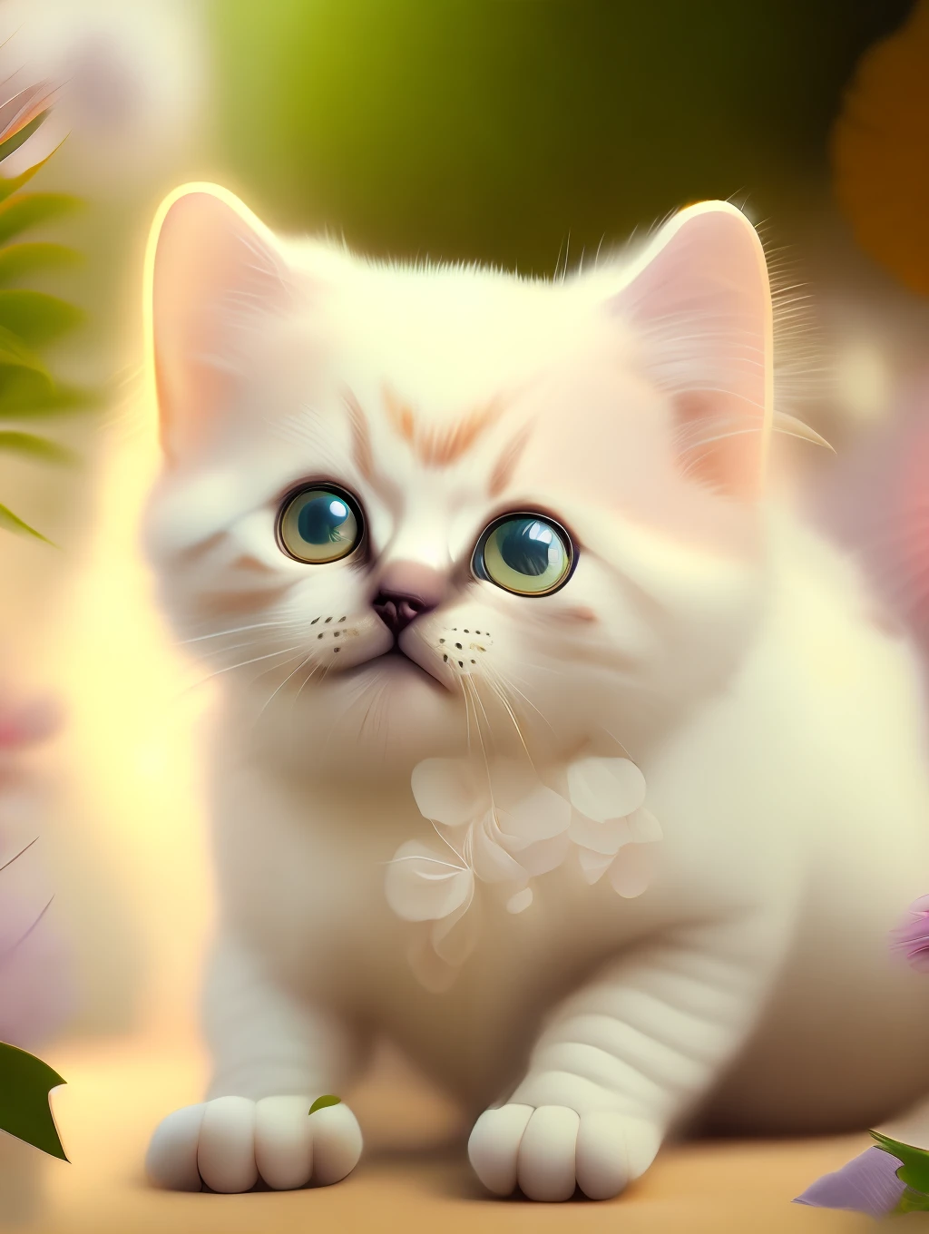 Very cute furry white tropical punk kitten, big eyes, flowers, flowers, full body, laughter, professional light, depth of field 8k, golden magic moment, professional photography, octane rendering, ultra-realistic - amazing sunlight, dynamic composition, photography, sharp focus, bokeh, open mouth!, lol!!!