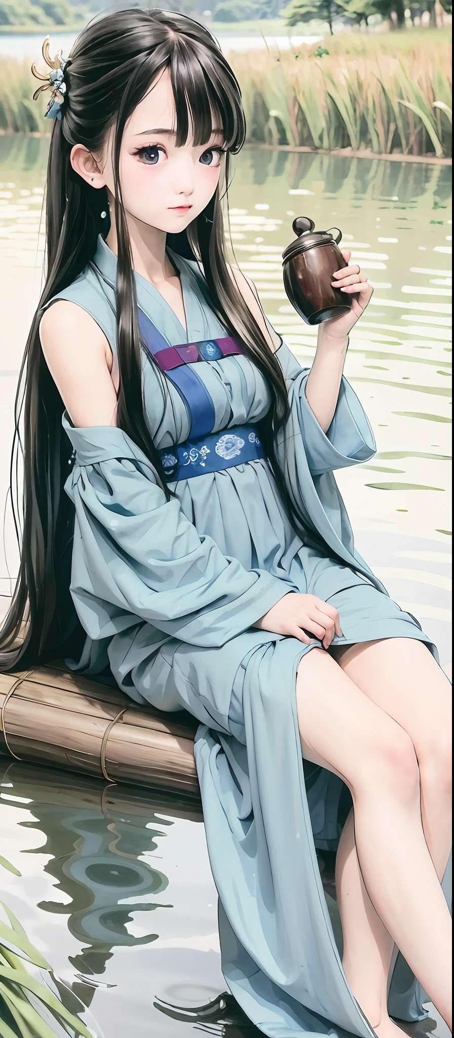 Masterpiece, Best Quality, Official Art, 8k Wallpaper, Very Detailed, Illustration, 1 Girl, Sky Blue Hair, Long Hair, Detailed Eyes, Forrest Gump, Bare Shoulders, Hanfu, Lake, Pure, Soft Smile, bamboo, tea