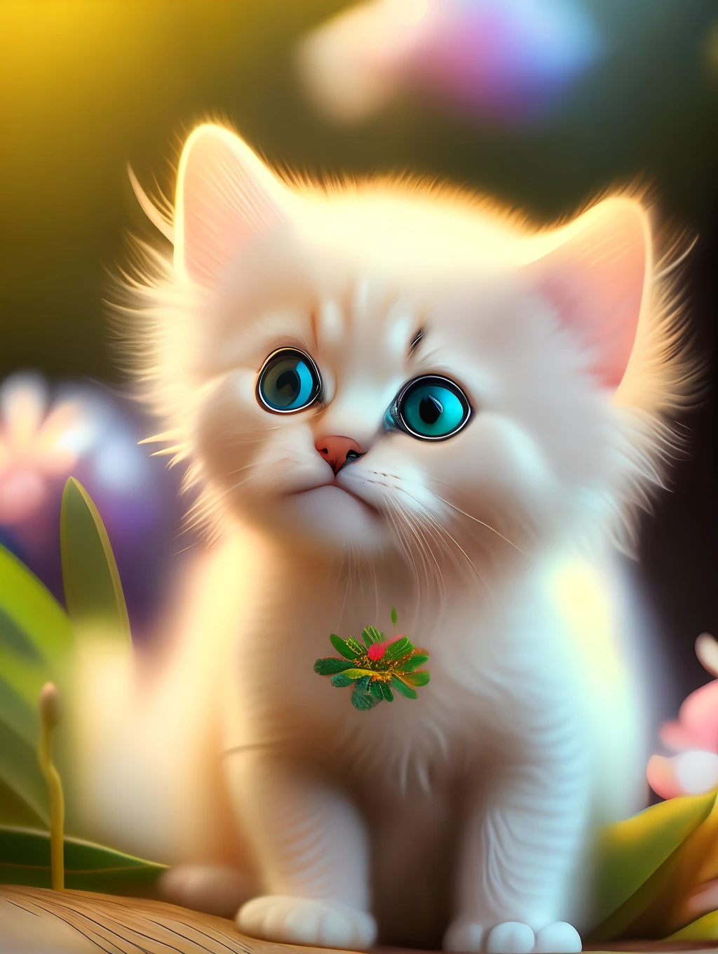 Very cute furry white tropical punk kitten, big eyes, flowers, flowers, full body, laughter, professional light, depth of field 8k, golden magic moment, professional photography, octane rendering, super realistic - amazing sunlight, dynamic composition, photography, sharp focus, background bokeh, open mouth!, lol!!!