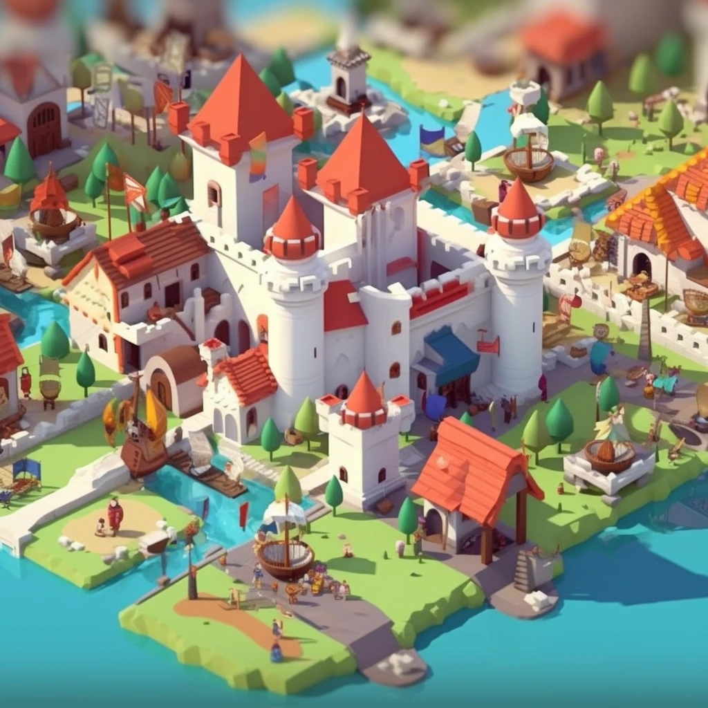 Cartoon style, polygon, game scene atmosphere map, pixar style, exaggerated design, fantasy, knight in white and black hat, imperial city, noble coronation, full traffic, flagpole, castle vista, fish flying in the sky, royal guard, salute music, crowds, pets are watching, casual play style, low poly, lowpoly, best detail, cartoon style, 3d, masterpiece, best quality, unreal engine, cartoon rendering, 8K