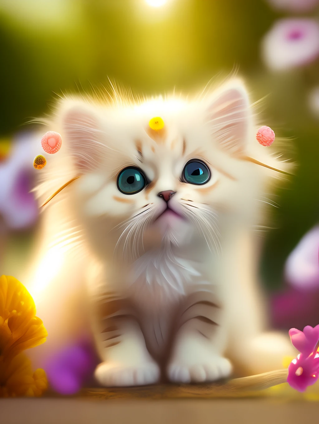 Very cute furry white tropical punk kitten, big eyes, flowers, flowers, full body, laughter, professional light, depth of field 8k, golden magic moment, professional photography, octane rendering, super realistic - amazing sunlight, dynamic composition, photography, sharp focus, background bokeh, open mouth, laugh !!!