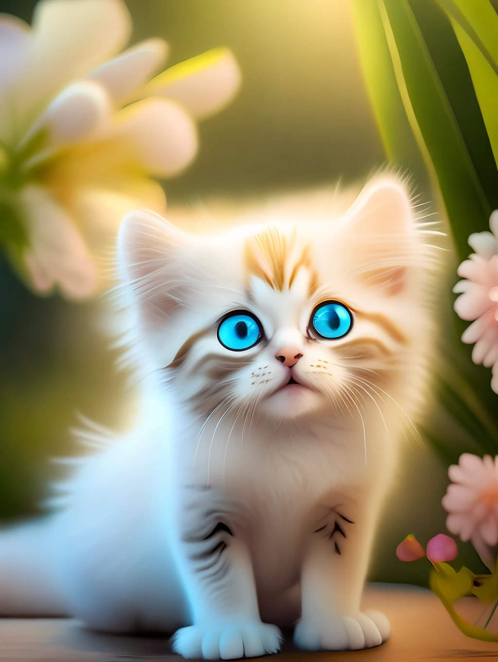 Very cute furry white tropical punk kitten, big eyes, flowers, flowers, full body, laughter, professional light, depth of field 8k, golden magic moment, professional photography, octane rendering, super realistic - amazing sunlight, dynamic composition, photography, sharp focus, background bokeh, open mouth, laugh !!!