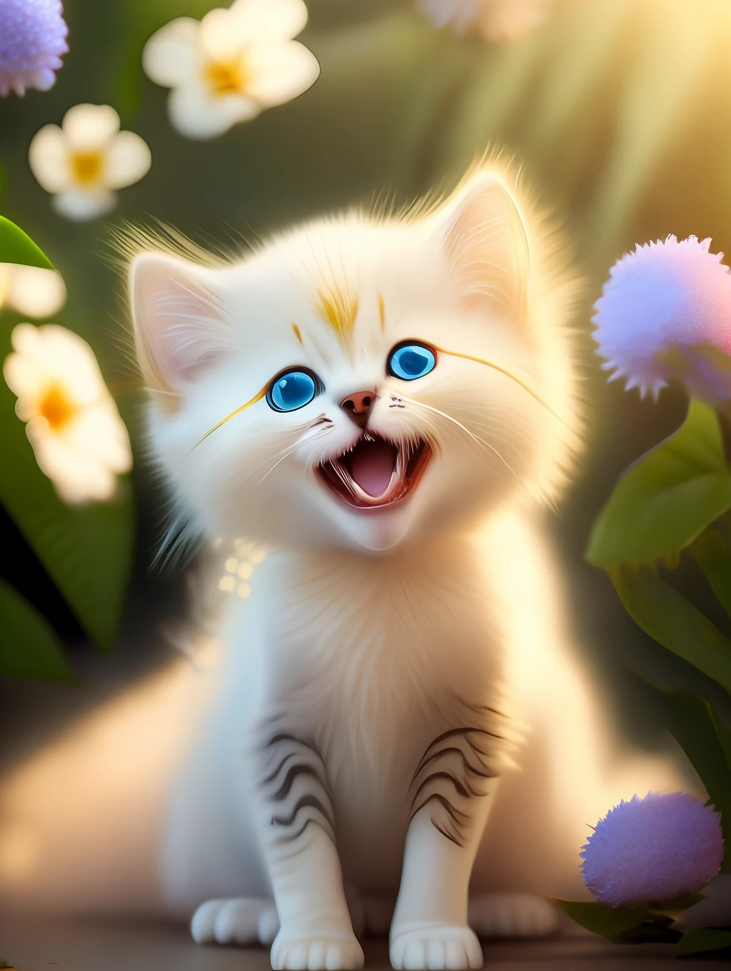 Very cute furry white tropical punk kitten, big eyes, flowers, bushes, full body, open mouth, laugh, professional light, depth of field 8k, golden magic moment, professional photography, octane rendering, super realistic - amazing sunlight, dynamic composition, photography, sharp focus, background bokeh, open mouth, laugh !!!