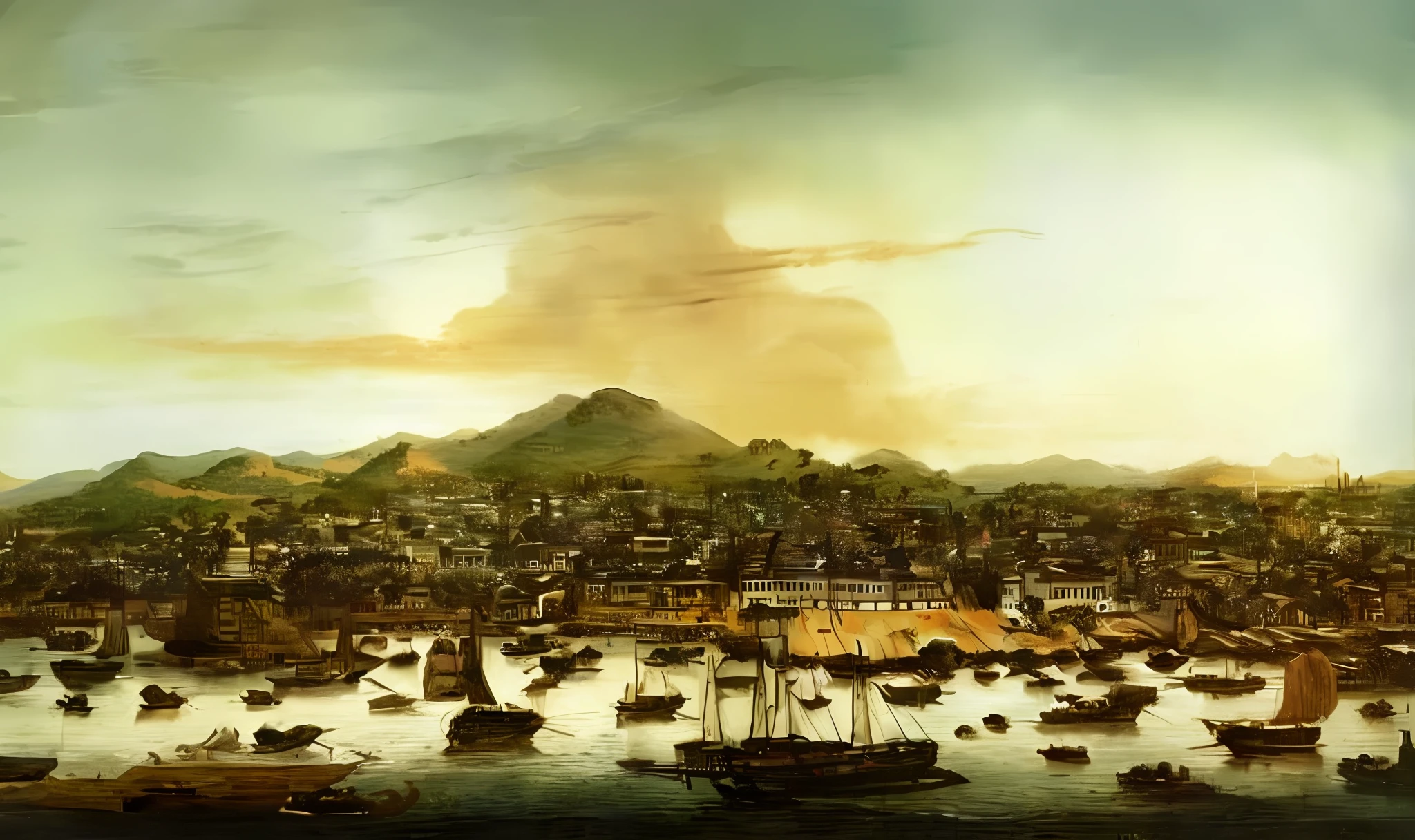 A port painting with ships and mountains as a background, Tenochtitlán, 1 8th century, Qing painting, Regency era, Qing dynasty, 1 8th century South America, 1800 ex, Francisco de Holanda, dramatic artwork, dramatic art, 1811, Francisco Zúñiga, 4K, highest quality