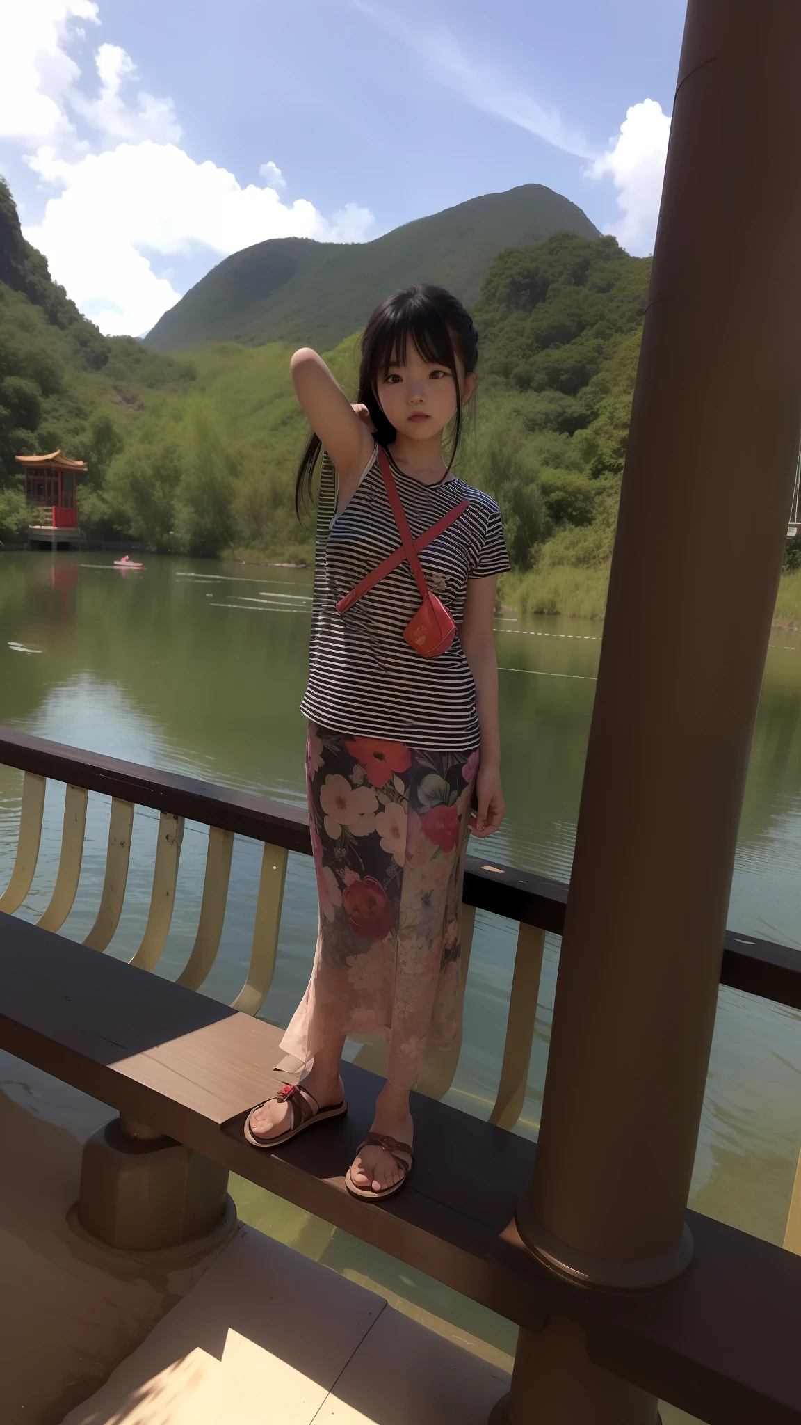 there is a young girl standing on a bench by a lake, xintong chen, connected with hanging bridge!!, standing next to water, ruan jia beautiful!, photo of the girl, peacefull, li zixin, chinese girl, yan, jinyiwei, vacation photo, inspired by Li Keran, handsome girl, leng jun, standing on a bridge