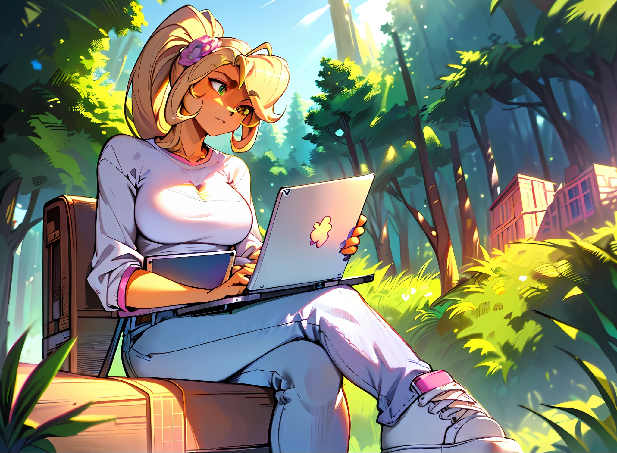 coco, furry, coco bandicoot, (((Masterpiece))), (amazing details), (amazing lighting), blonde hair, ponytail, flower in hair, white shirt (yellow flower in the center, denim jeans (blue), pink and white sneakers, pink nails, (working on laptop:1.2), sitting on bench (crossed legs), outside (forest, daytime), light rays (raytracing),