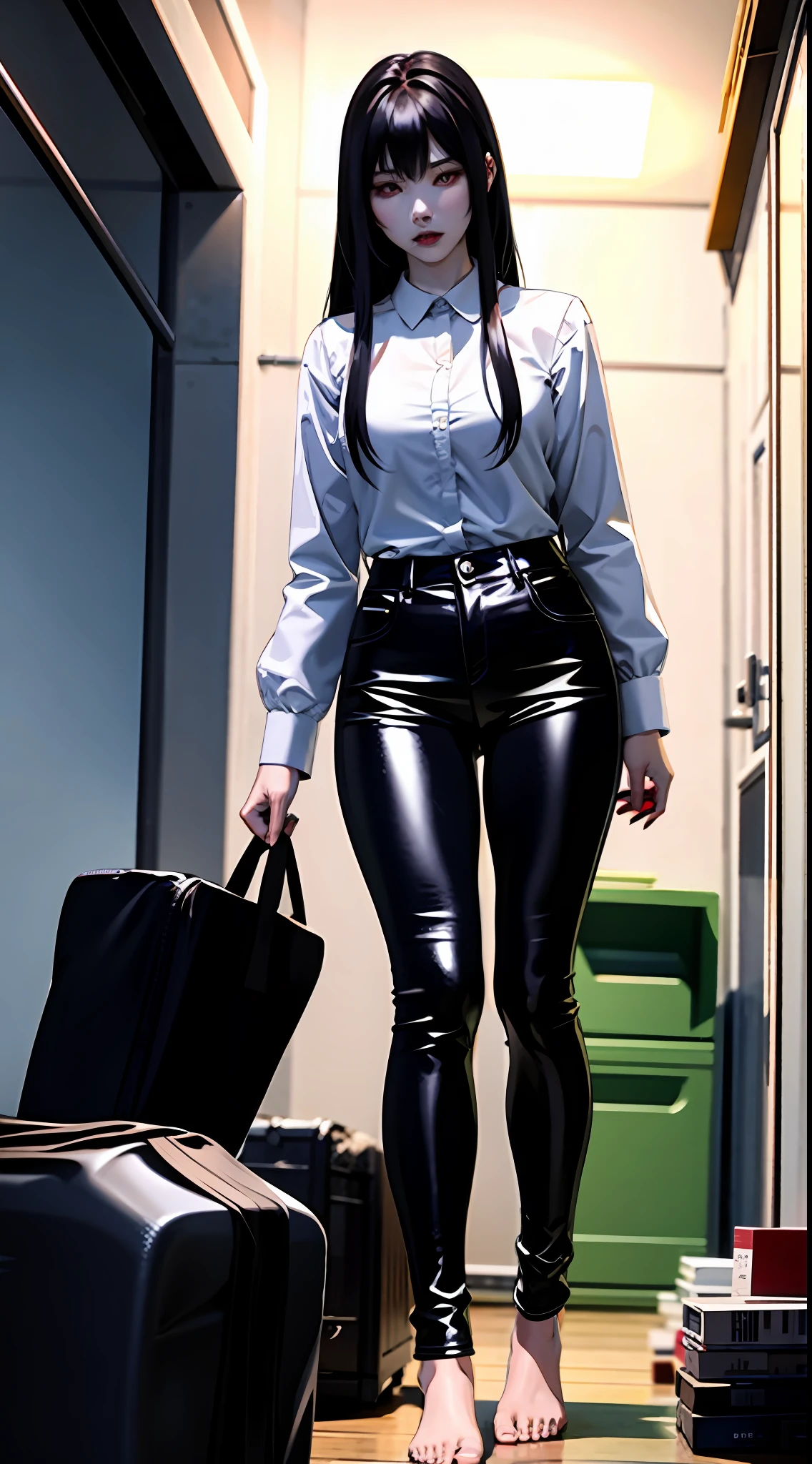 Sadako yamamura ghost woman in the direction of the viewer in an abandoned basement, she is beautiful, has pale skin, black hair, red eyes, is in black lipstick, barefoot, black leather pants, bold, dominant, very white, very pale, very white skin, domineering, dark, fearless, cold eyes