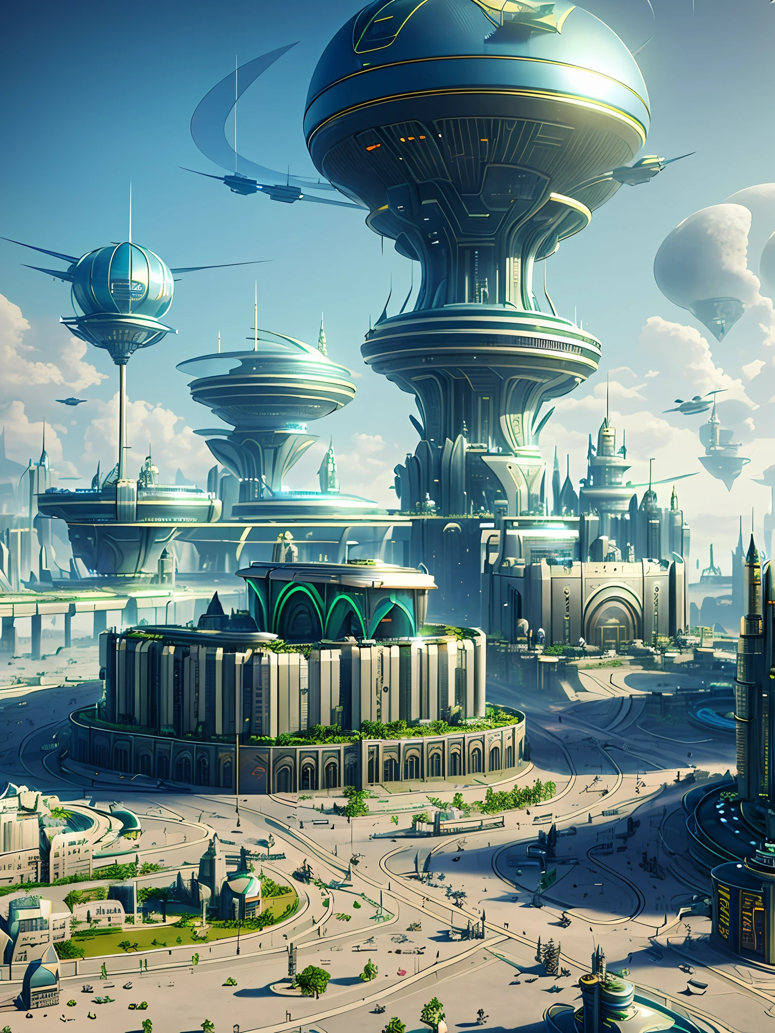 there is a picture of a futuristic city with a giant building, in fantasy sci - fi city, by Alexander Kucharsky, solarpunk city, ancient sci - fi city, fantasy capital city, flintlock fantasy capital city, futuristic palace, utopian city, solarpunk village, huge futuristic temple city, 3d rendered matte painting, a steampunk city
