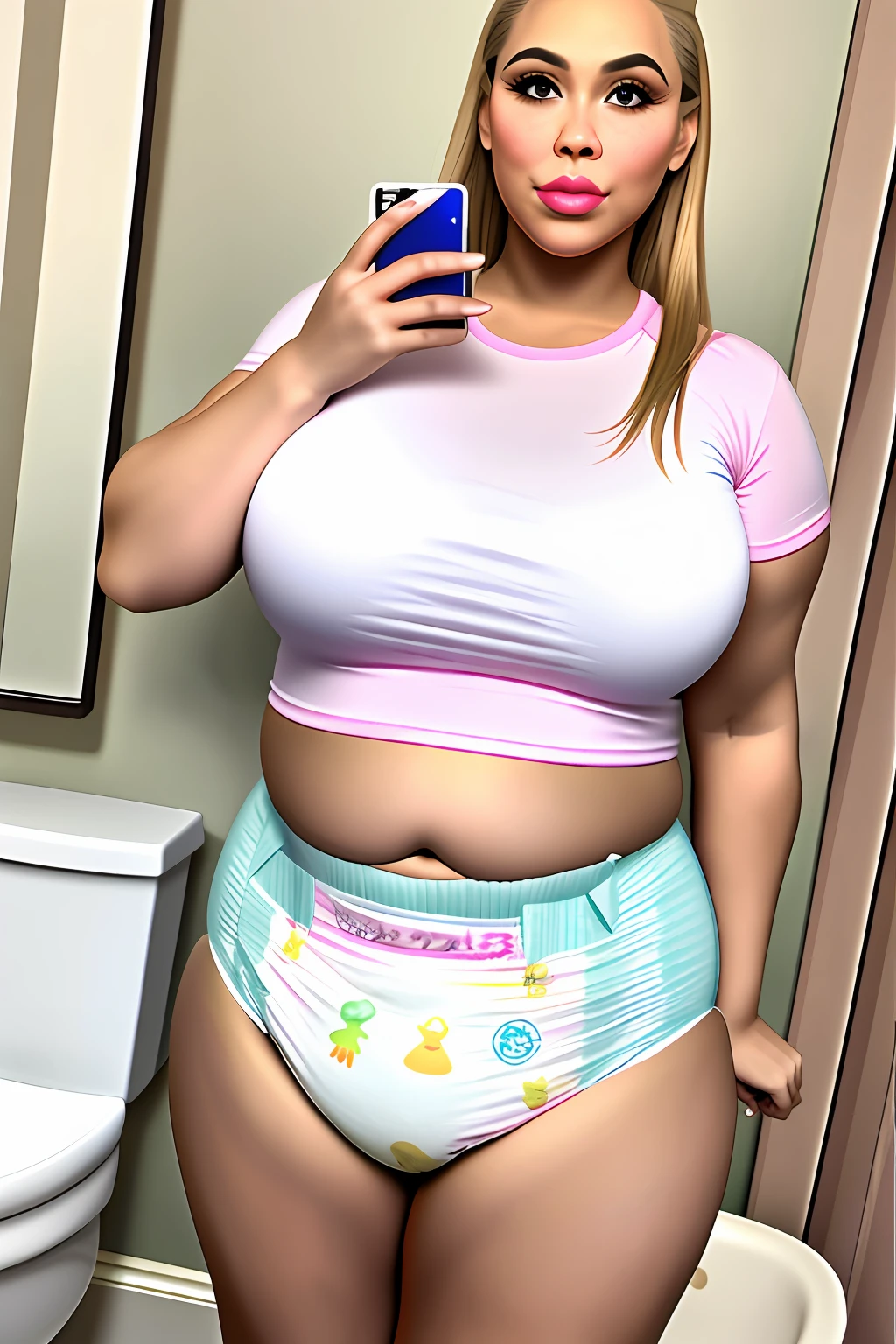 High detail, high quality, hyperrealism, woman, bimbo, chubby, chubby, thick, thick, thick, thick, big breasts, wide hips, pink top, latex, pink latex, latex top, big diaper, thick diaper, diaper, makeup, pink lipstick, plump lips, pucker up, duckface, soft lighting, toilet on the background, light skin tone, blond, beautiful lighting, front view, big round belly, detailed face, takes picture of herself in mirror, only one woman