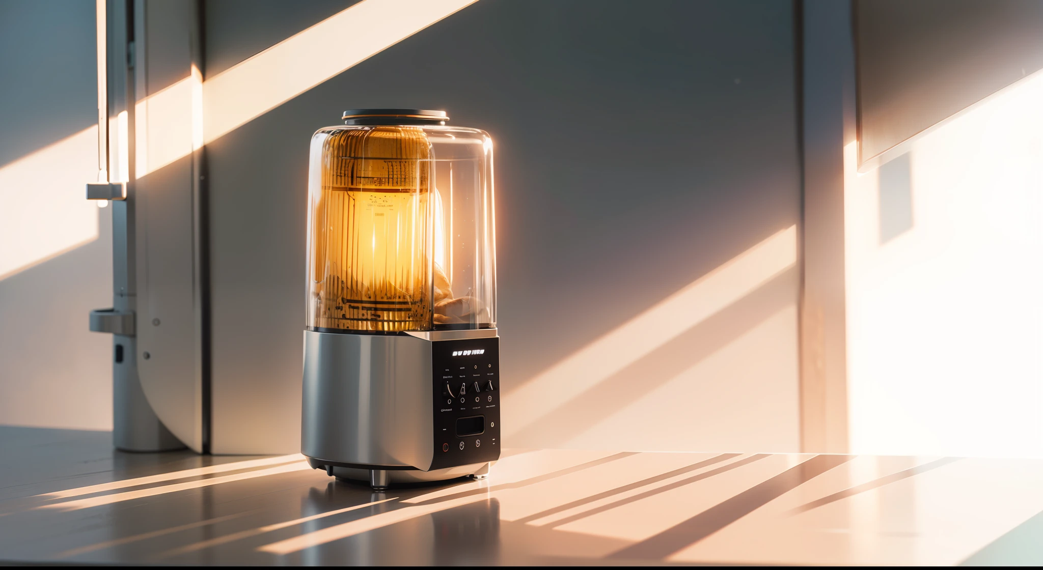 cinematic lighting, interior architecture, modern, here is an object used to make mixing in the kitchen, a kitchen scene with ingredients and bread, sunlight shining in from the window, warm atmosphere, fruit and bread on the table, product introduction photos, product design shots, product photos, semi-realistic renderings, official product images with accurate functions, blender, 3D product rendering, Professional product photos,