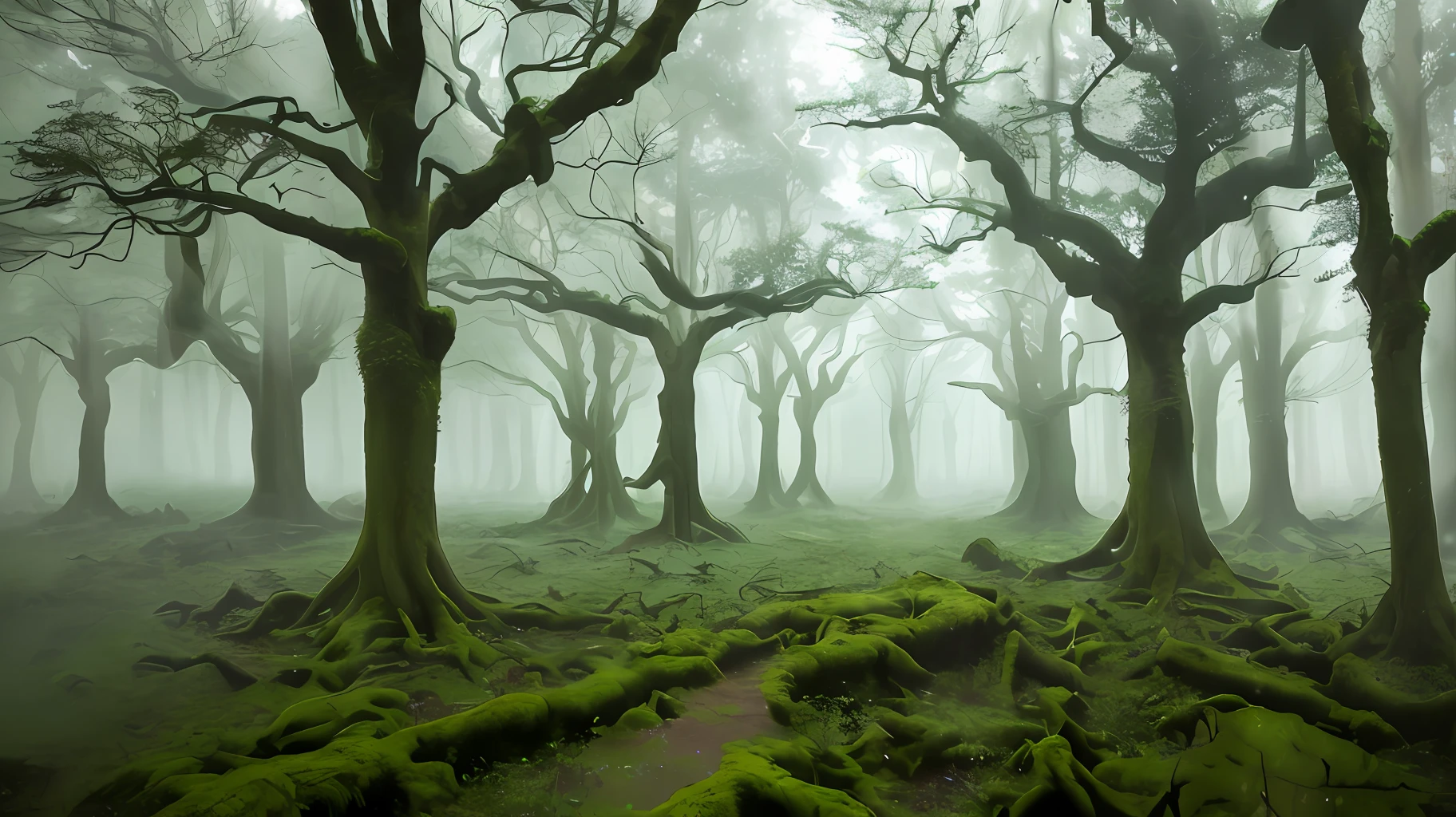 The background image depicts a dense and ancient forest shrouded in mist. Towering trees with gnarled branches loom overhead, their twisted forms casting eerie shadows on the forest floor. Rays of pale moonlight filter through the canopy, illuminating patches of moss-covered ground and ancient stone ruins that lie hidden among the trees.