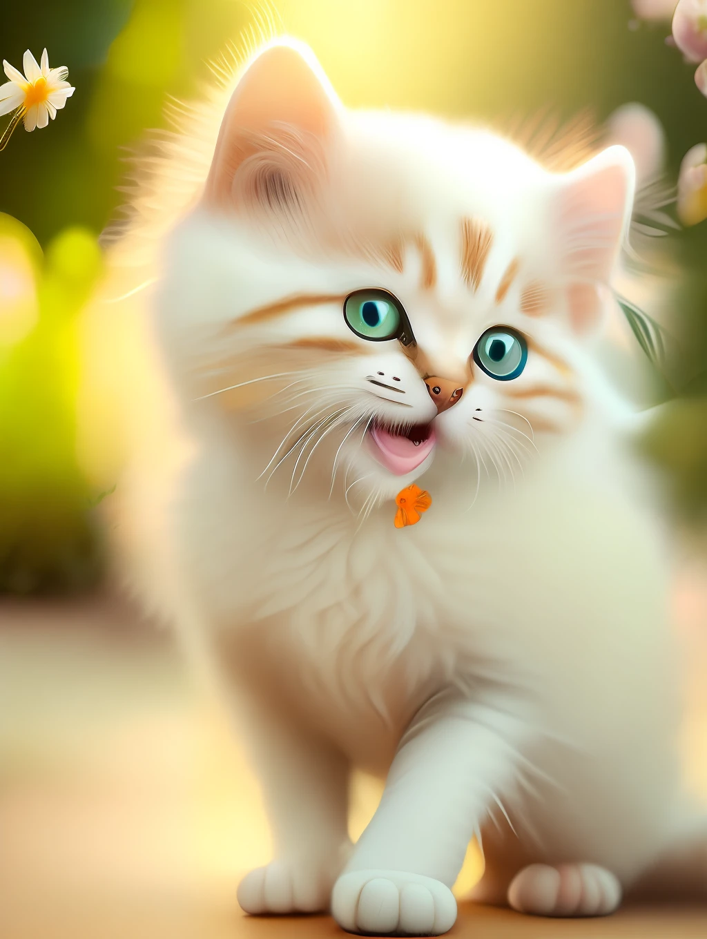 Very cute furry white tropical punk kitten, big eyes, flowers, bushes, full body, open mouth, laugh, professional light, depth of field 8k, golden magic moment, professional photography, octane rendering, super realistic - amazing sunlight, dynamic composition, photography, sharp focus, background bokeh, open mouth, laugh !!!