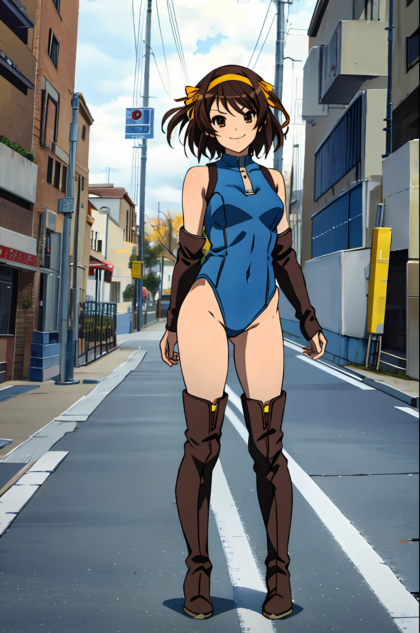 masterpiece, best quality, highres, 1girl, solo, superhero, leotard, blue and white leotard, bare legs, brown hair, short hair, brown eyes, hairband, medium hair, ribbon, boots, matching boots, blue boots, medium , cowboy shot, standing, smile, city backdrop, haruhi suzumiya, kyoani haruhi style, sleeveless, blue sparkles,