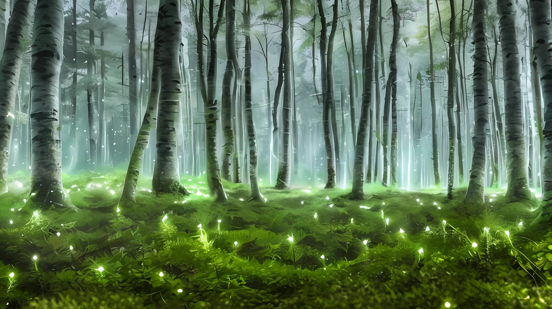 Deep within the forest, a hidden grove emerges. Tall, slender birch trees stand in a circle, their trunks smooth and silver-white, as if touched by moonlight itself. Soft, glowing orbs of bioluminescent fungi illuminate the ground, casting an enchanting glow. The air is thick with an ancient, mystical energy, and whispers seem to emanate from the rustling leaves, hinting at secrets waiting to be discovered.