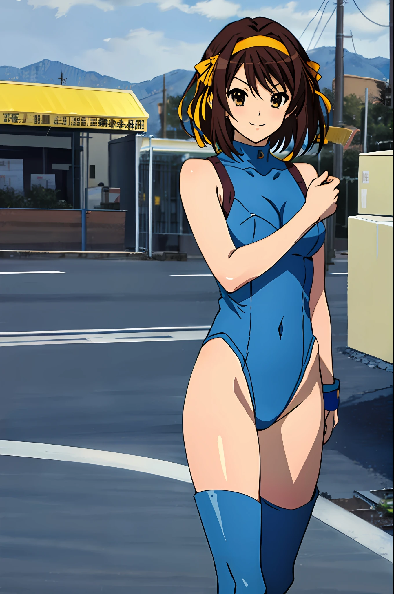 masterpiece, best quality, highres, 1girl, solo, superhero, leotard, blue and white leotard, bare legs, brown hair, short hair, brown eyes, hairband, medium hair, ribbon, boots, matching boots, blue boots, medium breasts, cowboy shot, standing, smile, city backdrop, haruhi suzumiya, kyoani haruhi style, sleeveless, blue sparkles,