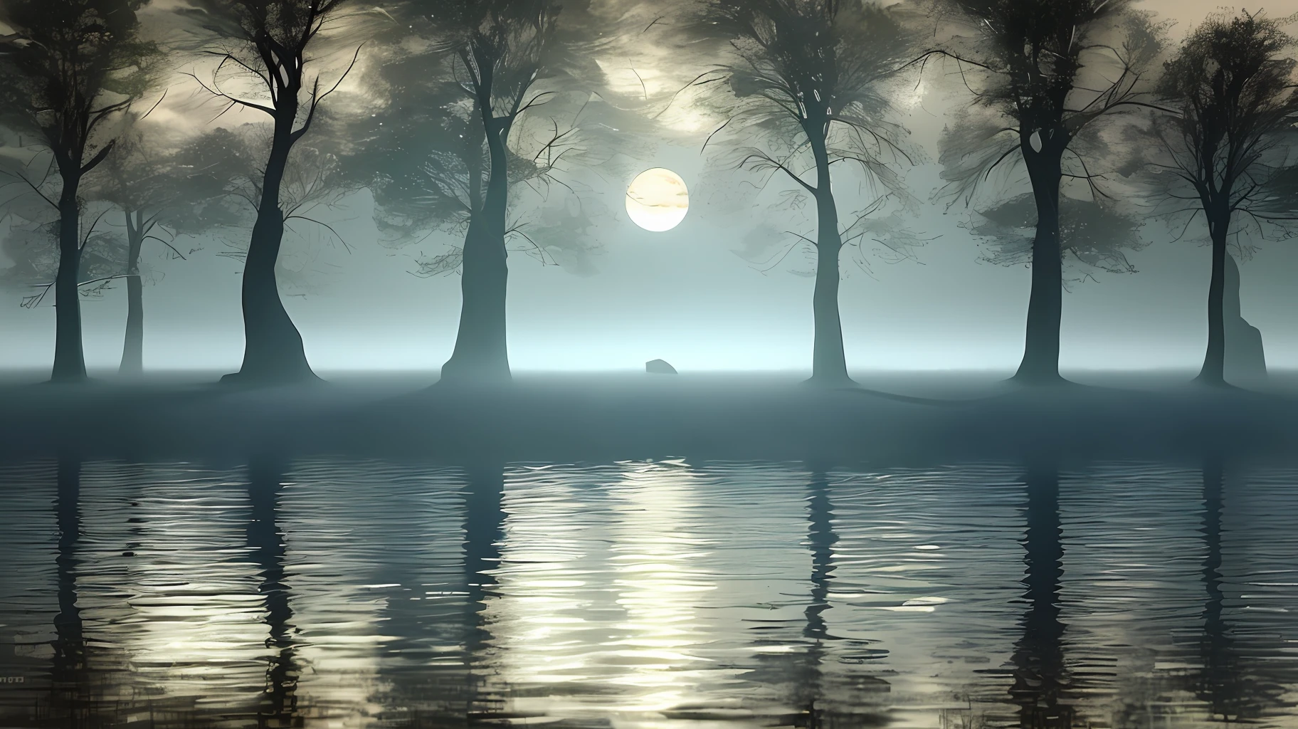 A misty lake shrouded in darkness comes into view. The water reflects the moon's pale light, creating an eerie, ethereal glow. Ancient stone pillars rise from the depths of the lake, partially submerged, hinting at an underwater realm hidden beneath. The air is heavy with a sense of mystery, as if the lake holds secrets and forgotten legends that only the bravest dare to explore.