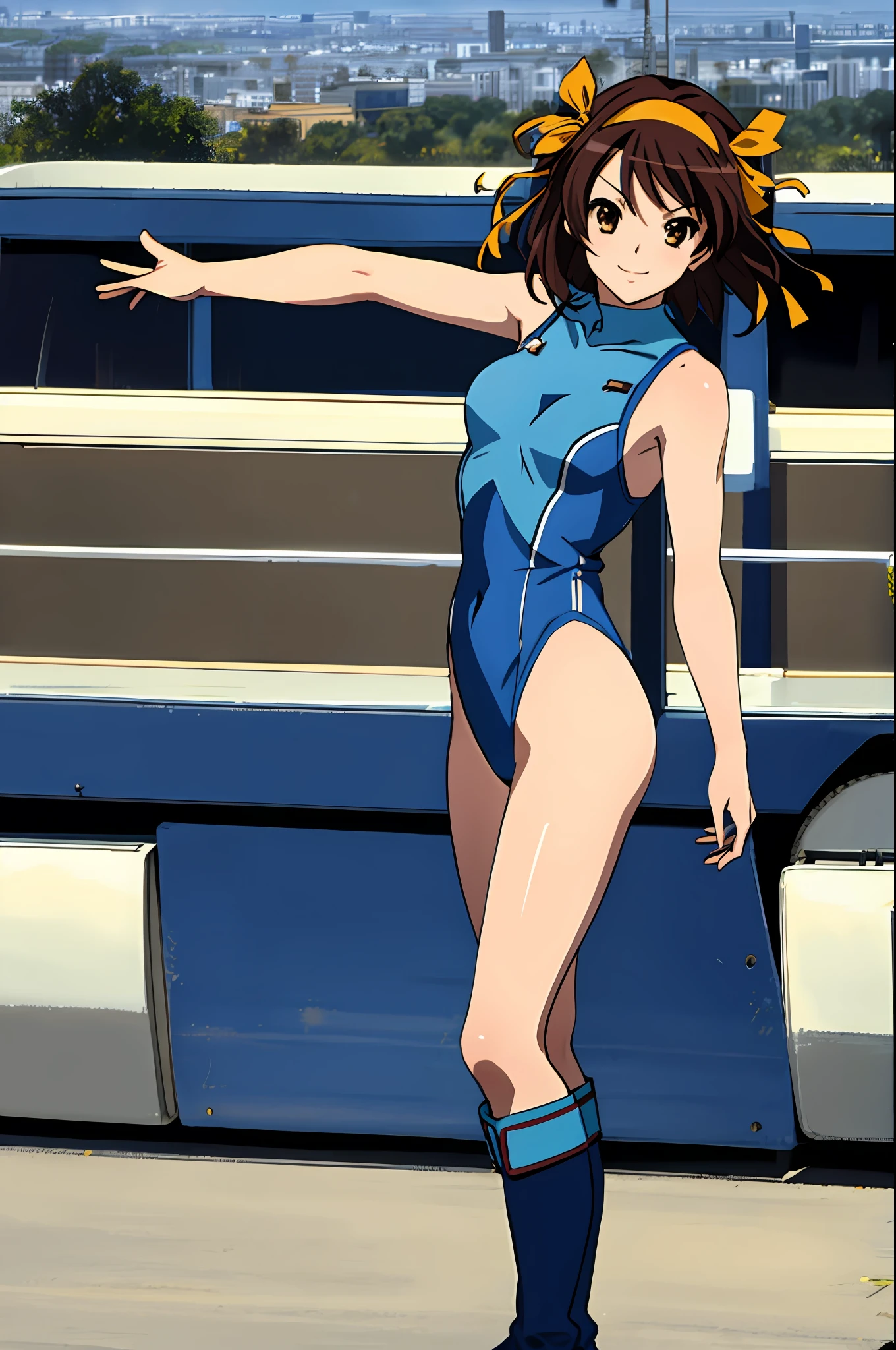 masterpiece, best quality, highres, 1girl, solo, superhero, leotard, blue and white leotard, bare legs, brown hair, short hair, brown eyes, hairband, medium hair, ribbon, boots, matching boots, blue boots, medium breasts, cowboy shot, standing, smile, city backdrop, haruhi suzumiya, kyoani haruhi style, sleeveless, blue sparkles,