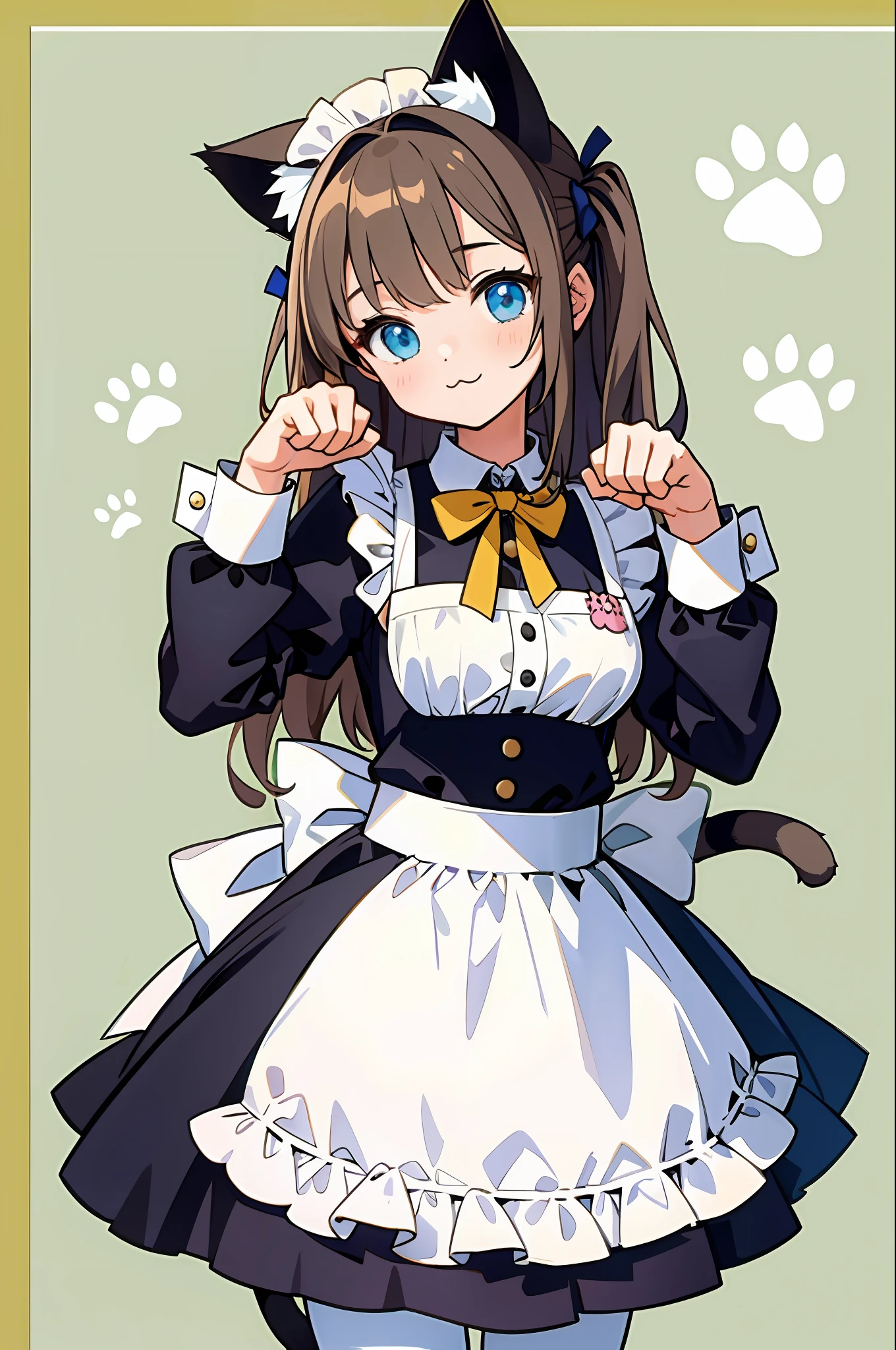 (masterpiece, best quality) detailed, 1girl, solo, :3, cat ears, paw pose, maid outfit, cat tail