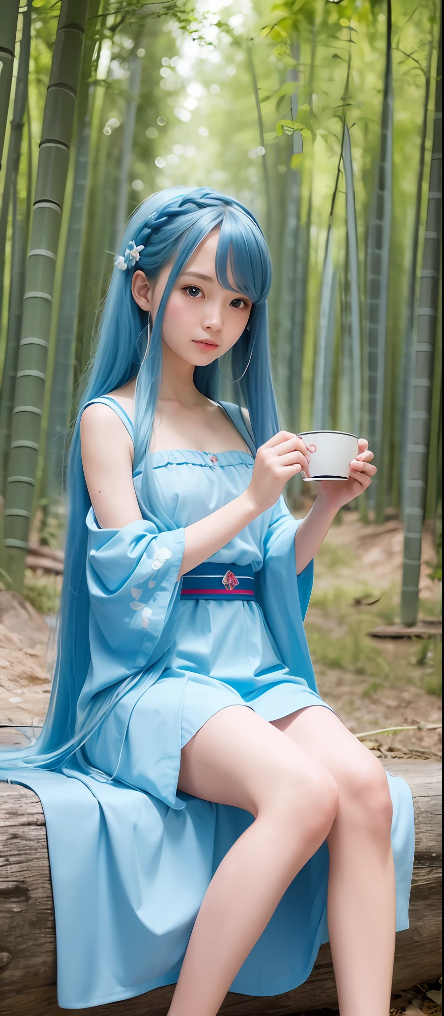 Masterpiece, Best Quality, Official Art, 8k Wallpaper, Very Detailed, Illustration, 1 Girl, Sky Blue Hair, Long Hair, Detailed Eyes, Forrest Gump, Bare Shoulders, Hanfu, Lake, Pure, Soft Smile, bamboo, tea