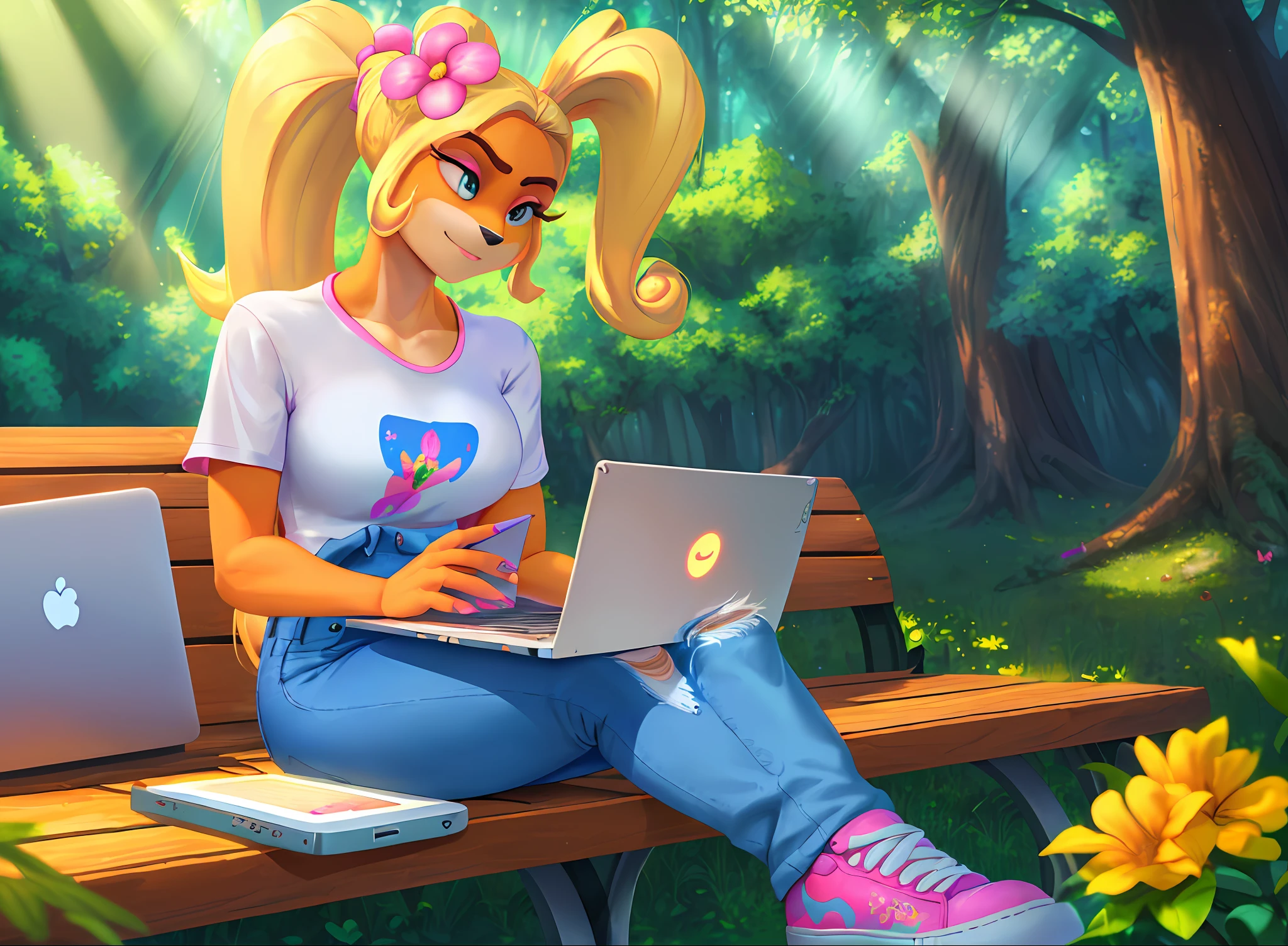 coco, furry, coco bandicoot, (((Masterpiece))), (amazing details), (amazing lighting), blonde hair, ponytail, flower in hair, white shirt (yellow flower in the center, denim jeans (blue), pink and white sneakers, pink nails, (working on laptop:1.2), sitting on bench (crossed legs), outside (forest, daytime), light rays (raytracing),