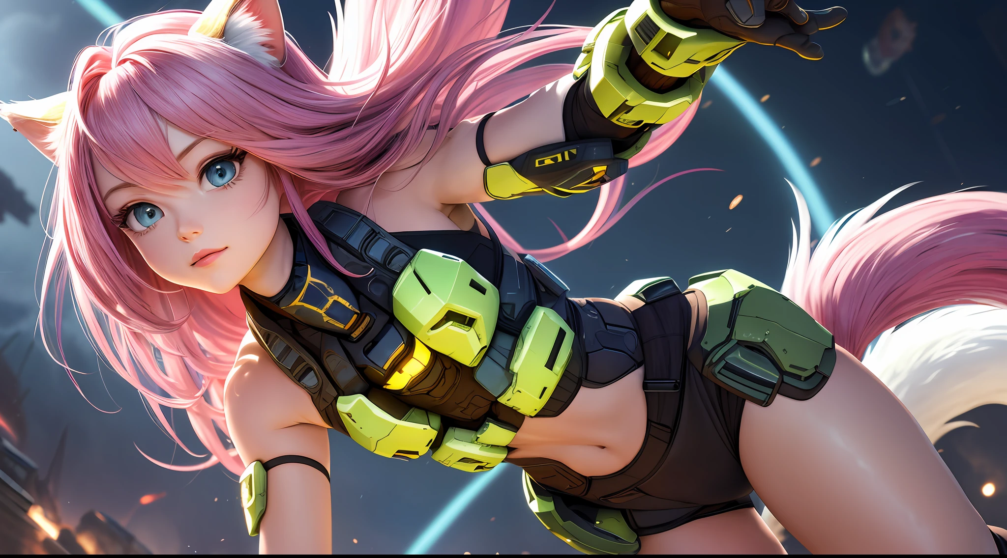 (Very detailed CG Unity 8k wallpaper: 1.5), < (Masterpiece: 1.5), (Best Quality: 1.7), High Resolution Illustration, (Fine Eyes and Detailed Face: 1.3), (Detail: 1.3, Best Quality), (Ultra Detail), (Extremely Delicate and Beautiful), (Illustration), (Painting), (Masterpiece: 1.5), Cinematic Light, Dynamic Angle, Floating, Sharp Focus, (3D: 1.7), (Best Quality: 1.3), (Illustration: 1.1), Long Pink Hair, ((Messy Hair: 1.2), (Beautiful Detailed Eyes: 1.1), (Cinematic Light: 1.1), Indian Maiden, Miniskirt, Small Top, Bare Shoulders, Cat Ears, Nine-Tailed Fox , Plush Tail, (Halo: 1.3)