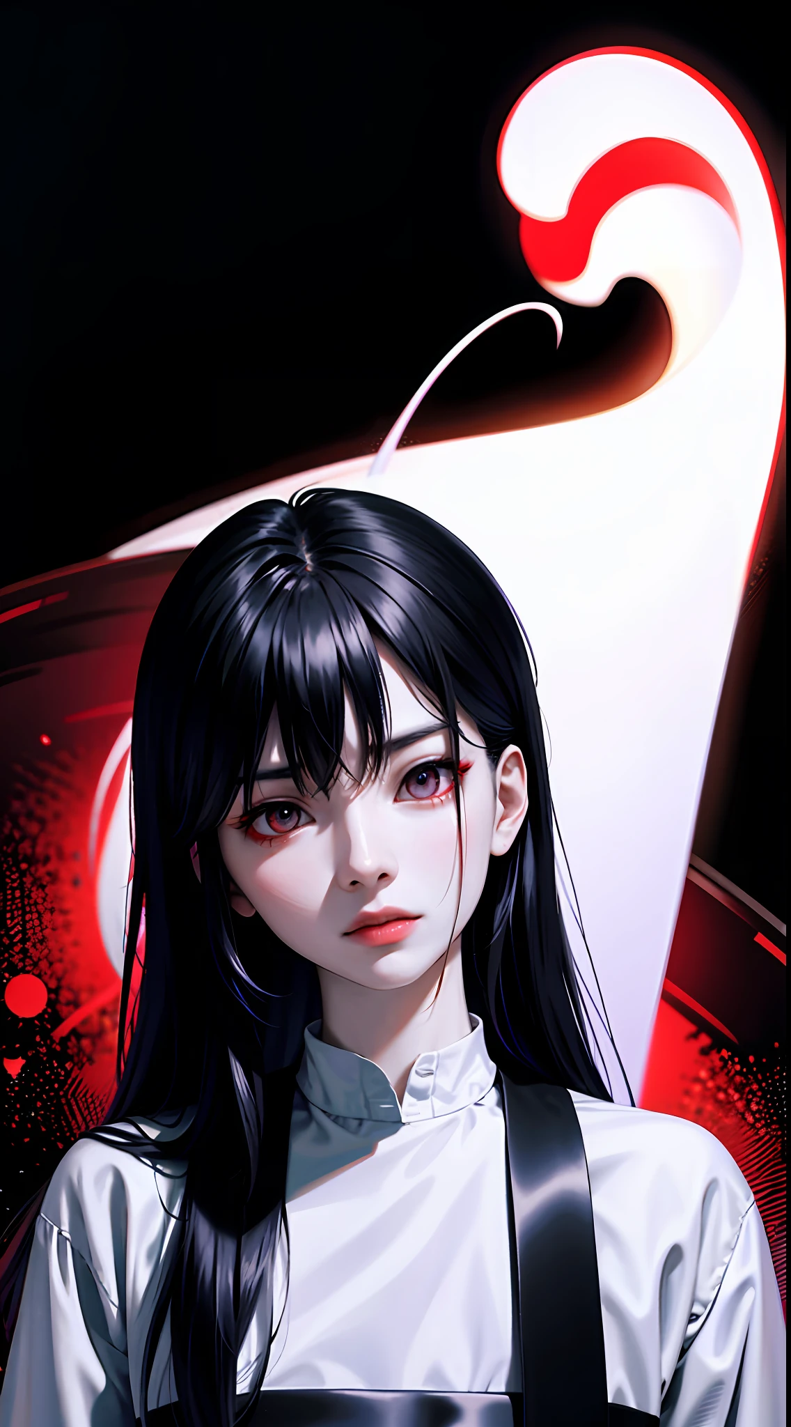 yamamura sadako, sadako yamamura, haunting, scary, ghost woman in the direction of the viewer in an abandoned basement, she is beautiful, has pale skin, black hair, red eyes, is in black lipstick, barefoot, black leather pants, bold, dominant, very white, very pale, very white skin, domineering, dark, without fear, cold eyes, very red eyes, scarlet eyes
