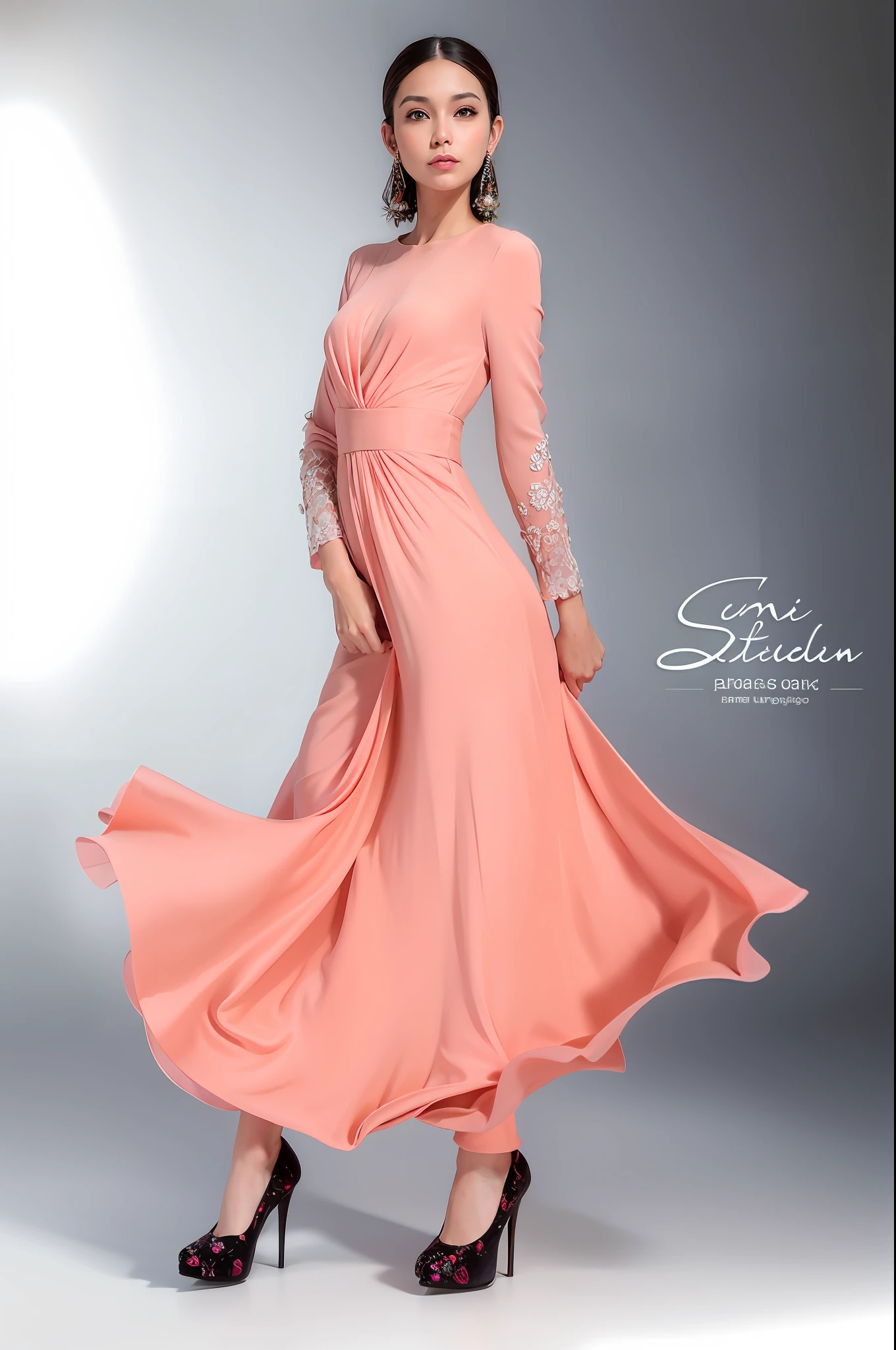 a woman in a long dress is posing for a picture, flowing salmon-colored silk, modest flowing gown, peach embellishment, flowing gown, long gown, elegant evening gowns!, long dress female, soft silk dress, soft elegant gown, gown, inspired by Juan Carlos Stekelman, fashion studio, professional studio photograph, beautiful gown, long luxurious flowing gown