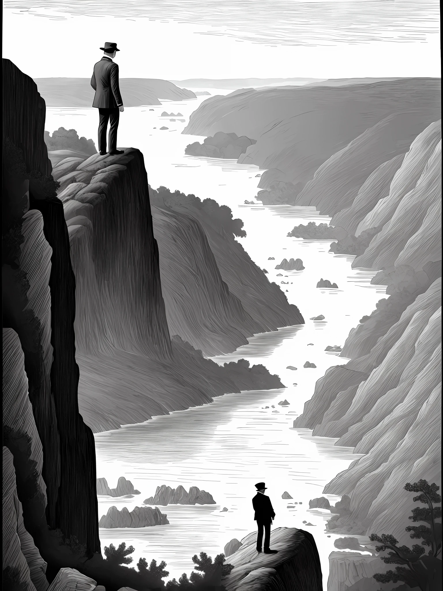 A black and white illustration of a man standing on a cliff overlooking a river