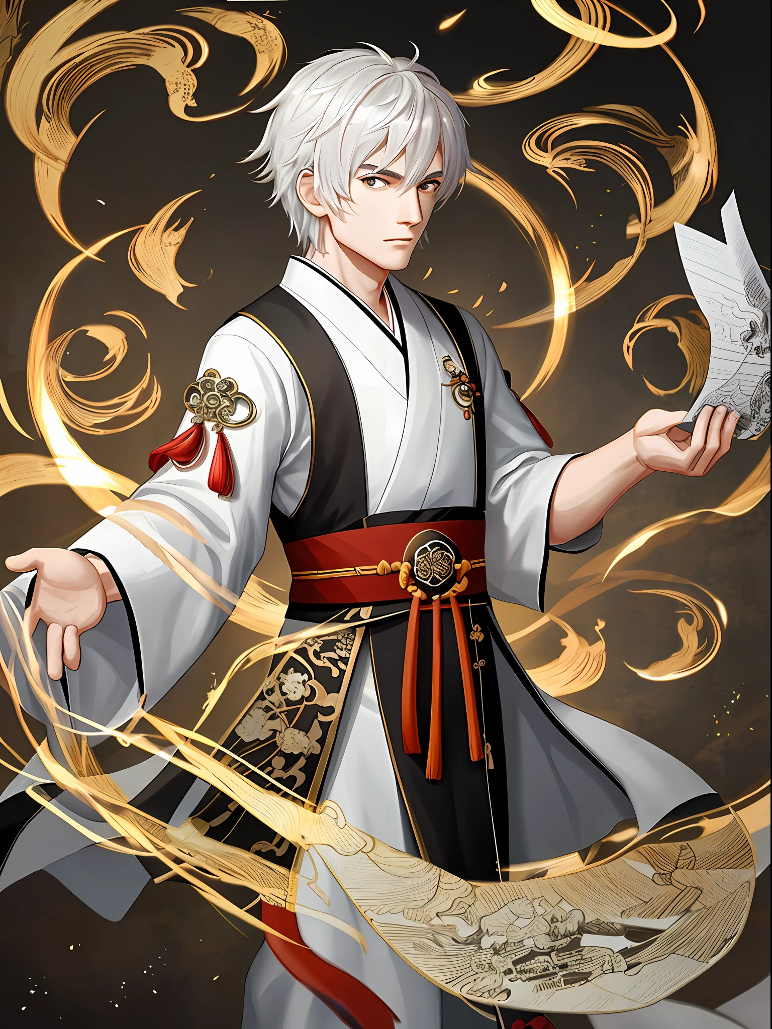 Chinese painting style, high-quality detail depiction, high-resolution CG, male characters, white robes, hand-held rune paper, traditional inheritance.