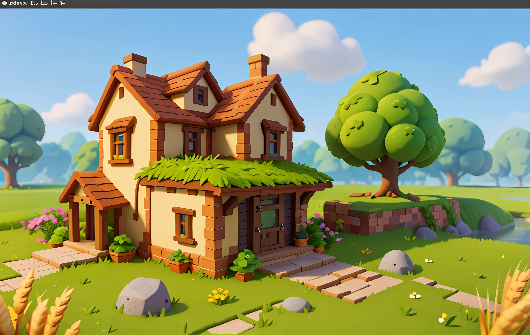 Cartoon style, polygon, game architectural design, fantasy, beautiful house, stone, brick, grass, river, flower, vegetable, wheat, tree, animal, casual game style, creative, best details, cartoon style, 3d, blender, masterpiece, best quality, cartoon rendering, 8K