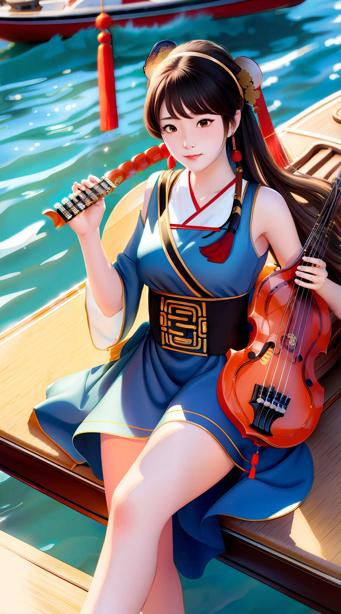 Holding a traditional Chinese musical instrument (((pipa))) sitting on the side of the boat