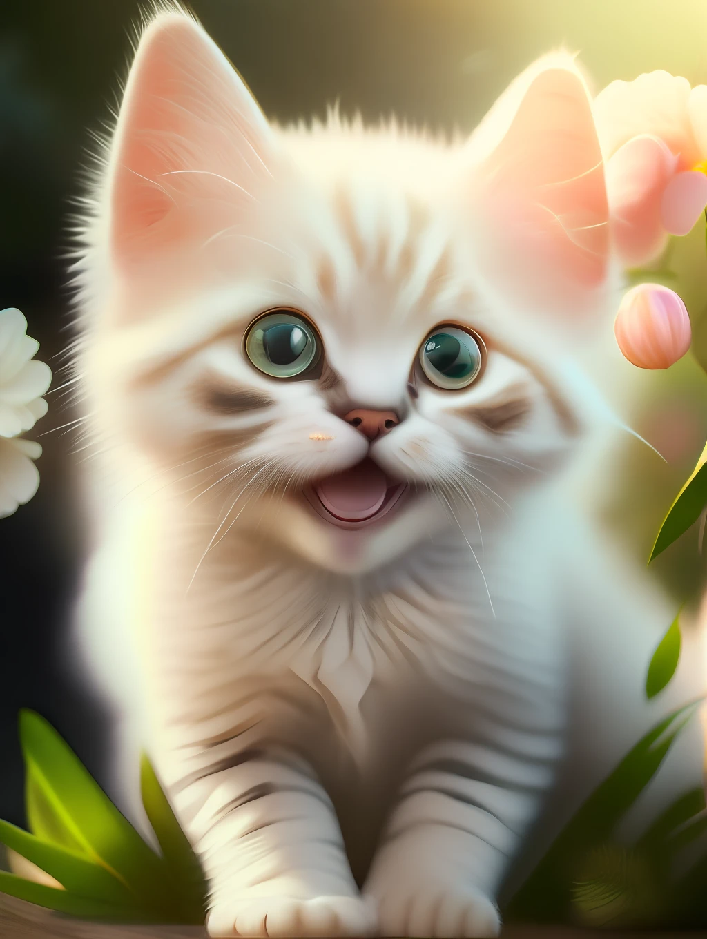 Very cute furry white tropical punk kitten, big eyes, flowers, bushes, full body, open mouth, laugh, professional light, depth of field 8k, golden magic moment, professional photography, octane rendering, super realistic - amazing sunlight, dynamic composition, photography, sharp focus, background bokeh, open mouth, laugh !!!