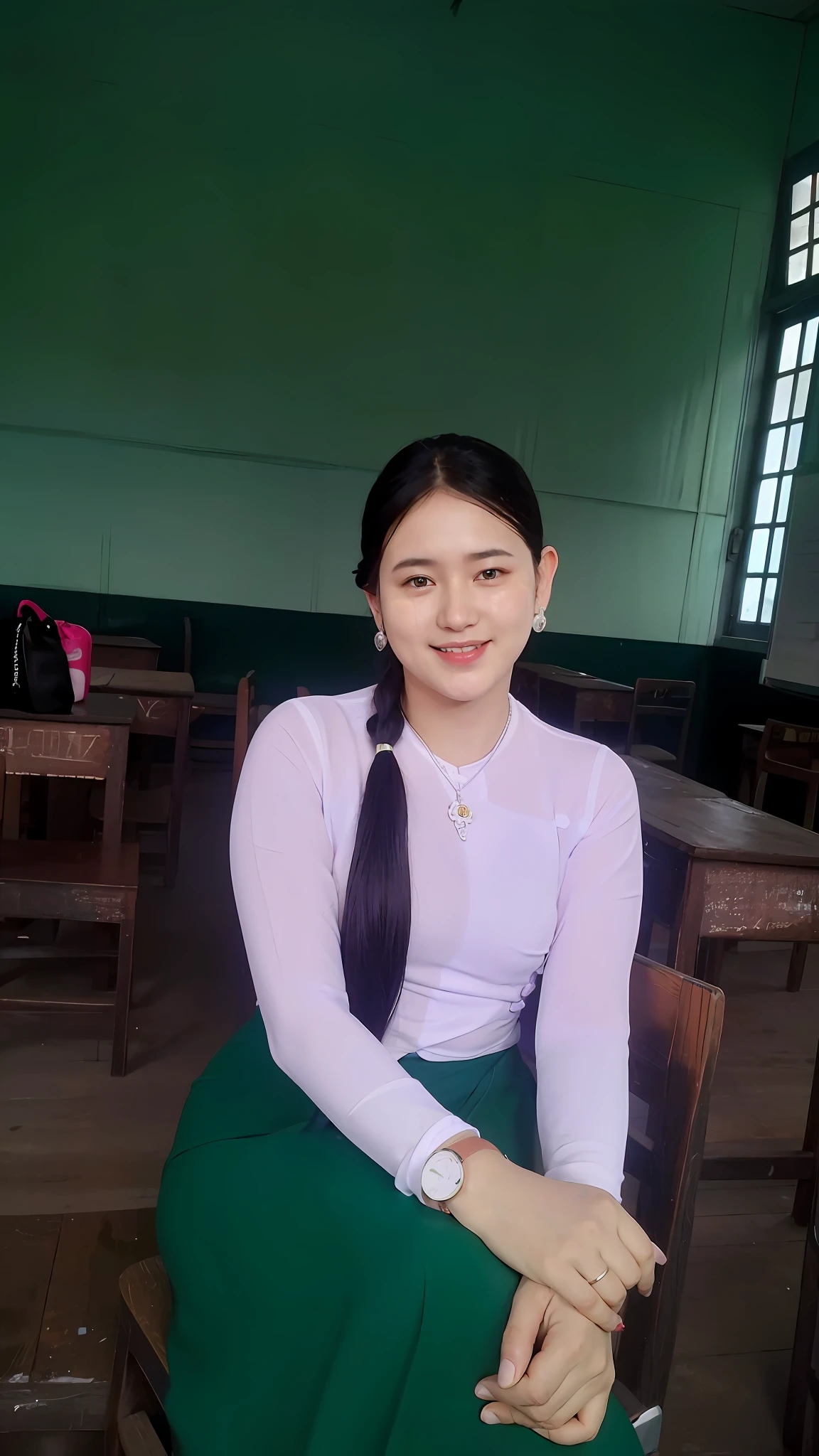 there is a woman sitting in a chair in a classroom, photo taken in 2 0 2 0, dang my linh, photo of the girl