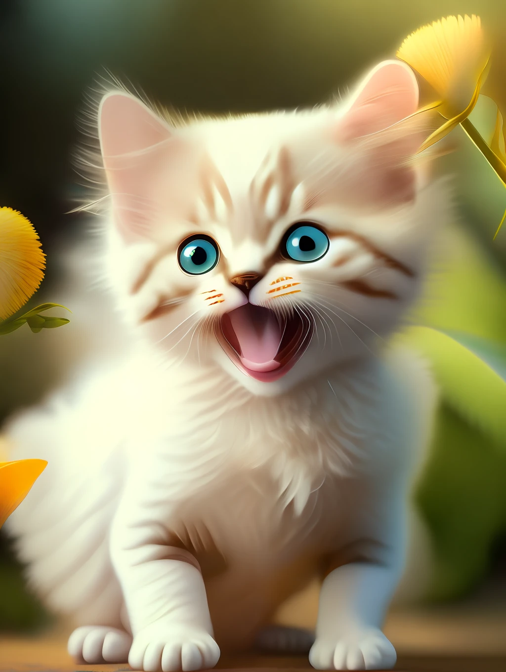 Very cute furry white tropical punk kitten, big eyes, flowers, bushes, full body, open mouth, laugh, professional light, depth of field 8k, golden magic moment, professional photography, octane rendering, super realistic - amazing sunlight, dynamic composition, photography, sharp focus, background bokeh, open mouth, laugh !!!