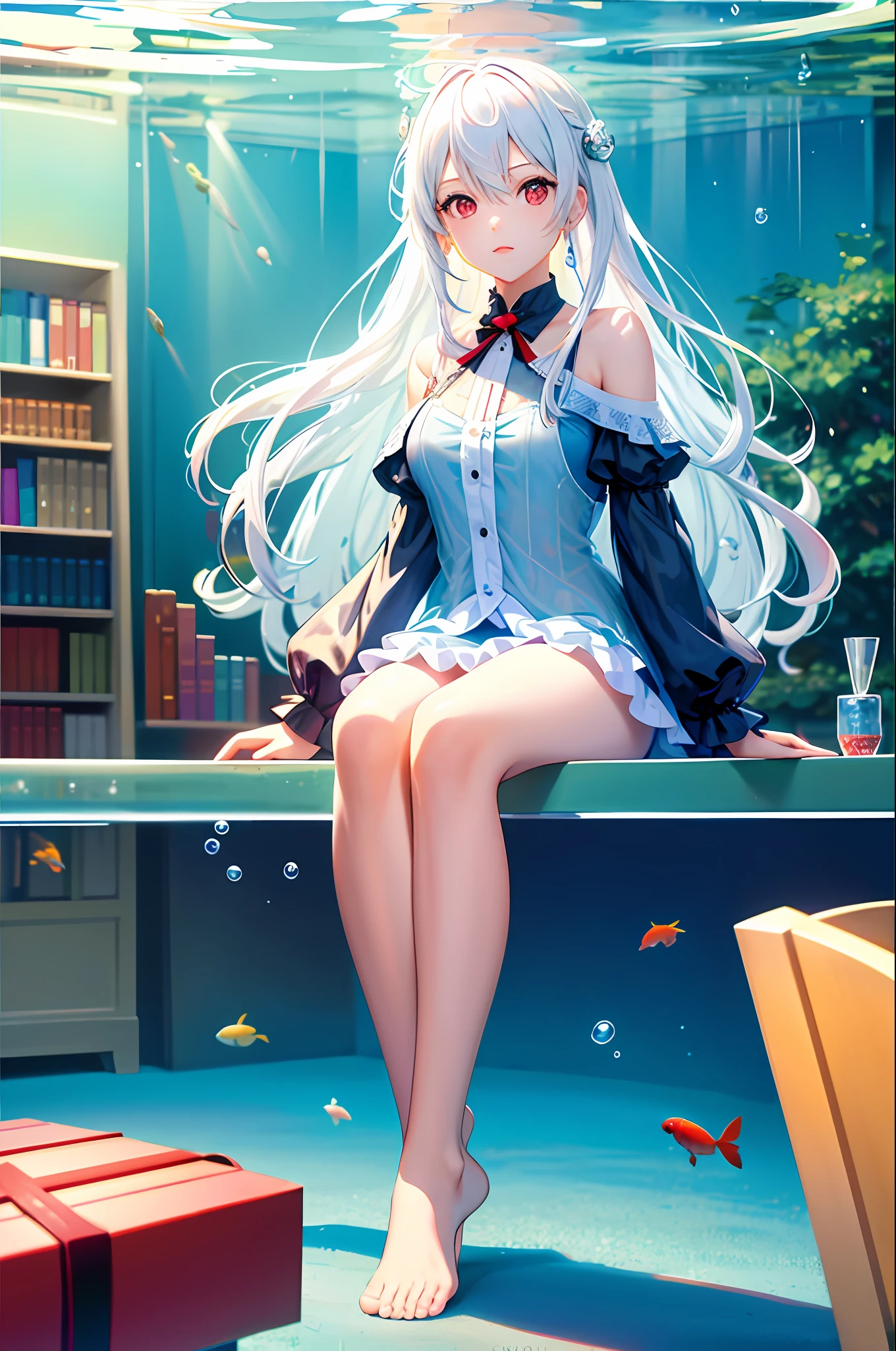 [(transparent background:1.5) :5], (())), ((best quality)), ((best quality)), ((best quality)), illustration, 1 girl, solo, colorful, vivid color, shiny, underwater transparent sealed hemispherical glass dome, white hair, red eyes, full body, bare feet, long hair, serene nature, koi, underwater, dome, close-up, dynamic motion, lens perspective, ( ((Box composition)), sitting cross-legged - leaning on a bookshelf, (arm+hand+1 thumb+4 fingers), (Impressionism: 1.4)