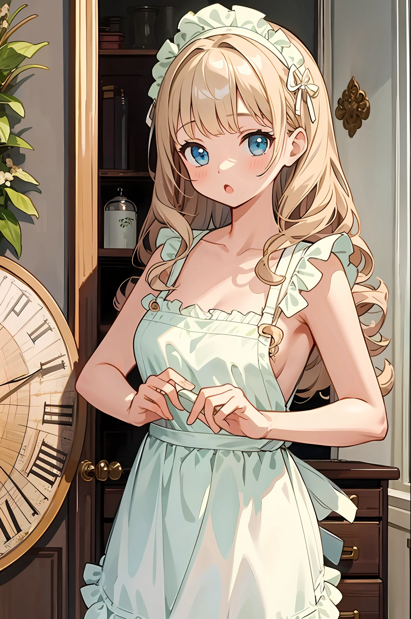 (masterpiece, best quality) detailed, 1girl, solo, (naked apron), kitchen, ringlet hair, lingerie, frilly headdress, cream on nose, :o