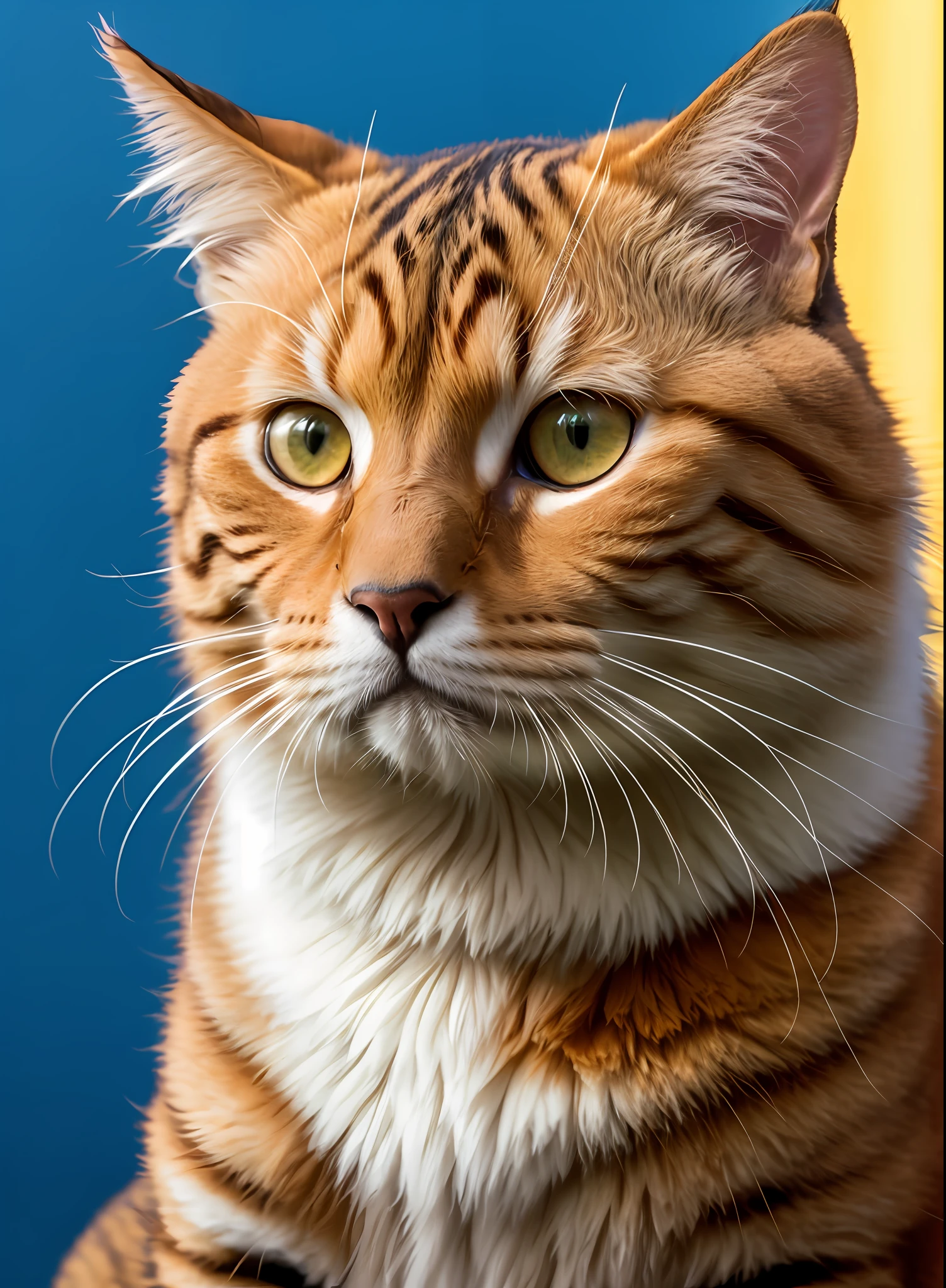 1 close-up portrait of a beautiful buster cat (Severe: 1.2) Appearance (bright side light, edge light: 1.2), fluffy, deep shadows Dramatic camera angle High contrast color grading (Masterpiece: 1.2) (Realistic: 1.2) (Bokeh: 1.2) (Best quality) (Detailed skin: 1.3) (Intricate details) (8K) (High Dynamic Range) (Cinematic lighting) (Clear focus) (Full body composition)