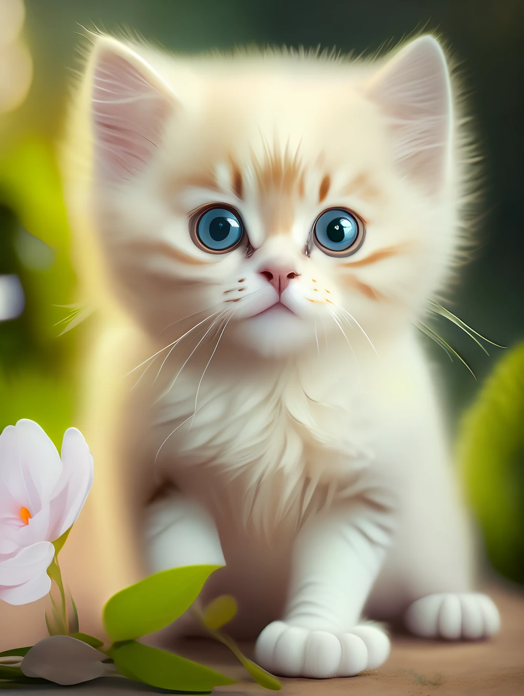 Very cute furry white tropical punk kitten, big eyes, flowers, bushes, full body, open mouth, laugh, professional light, depth of field 8k, golden magic moment, professional photography, octane rendering, super realistic - amazing sunlight, dynamic composition, photography, sharp focus, background bokeh, open mouth, laugh !!!