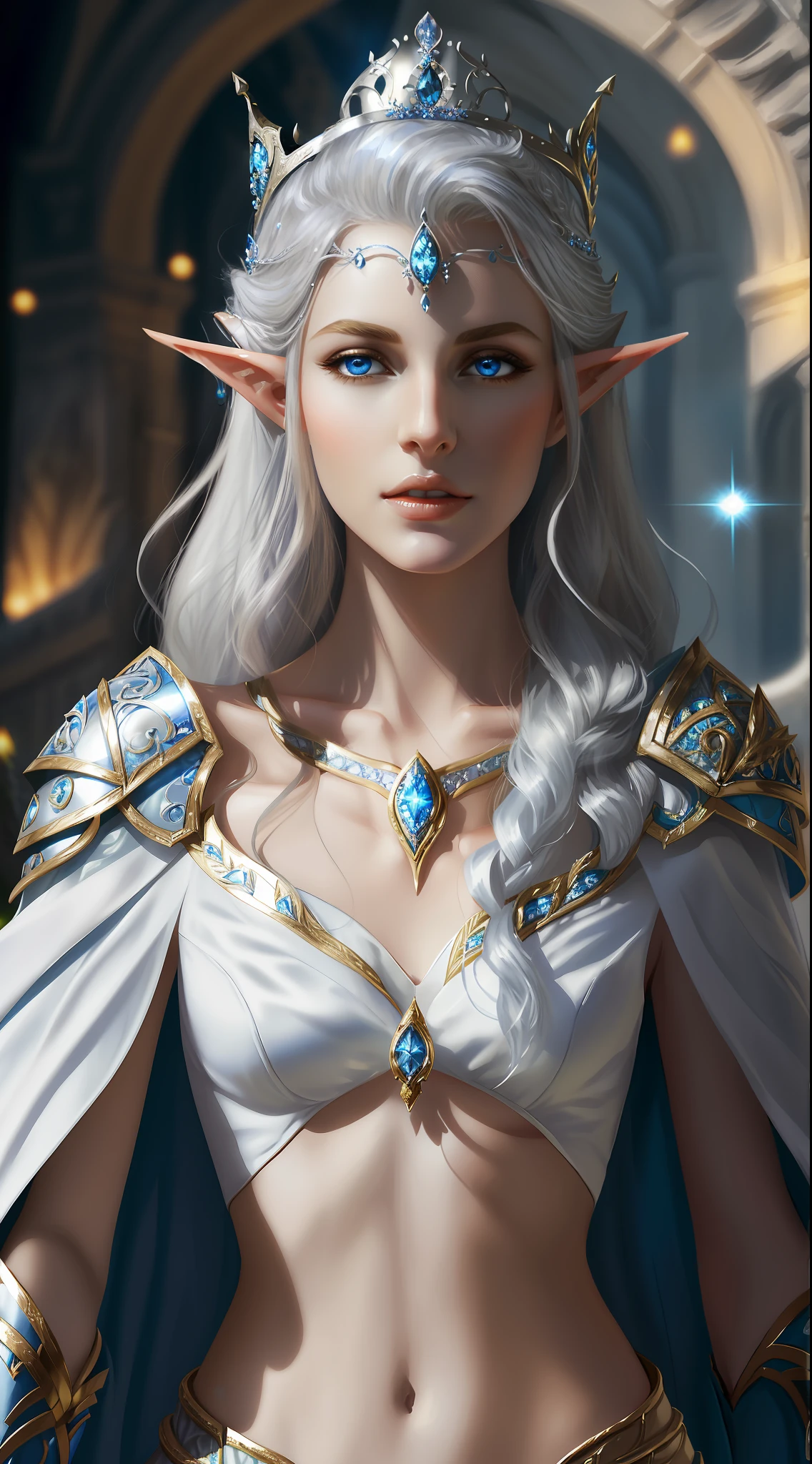 arafed woman in a white dress with a crown and blue eyes, beautiful and elegant female elf, beautiful and elegant elf queen, beautiful elf with ornate robes, portrait of an elf queen, very beautiful elven top model, alluring elf princess knight, portrait of very beautiful elf, portrait female elf wizard, beautiful elven princess, elf princess