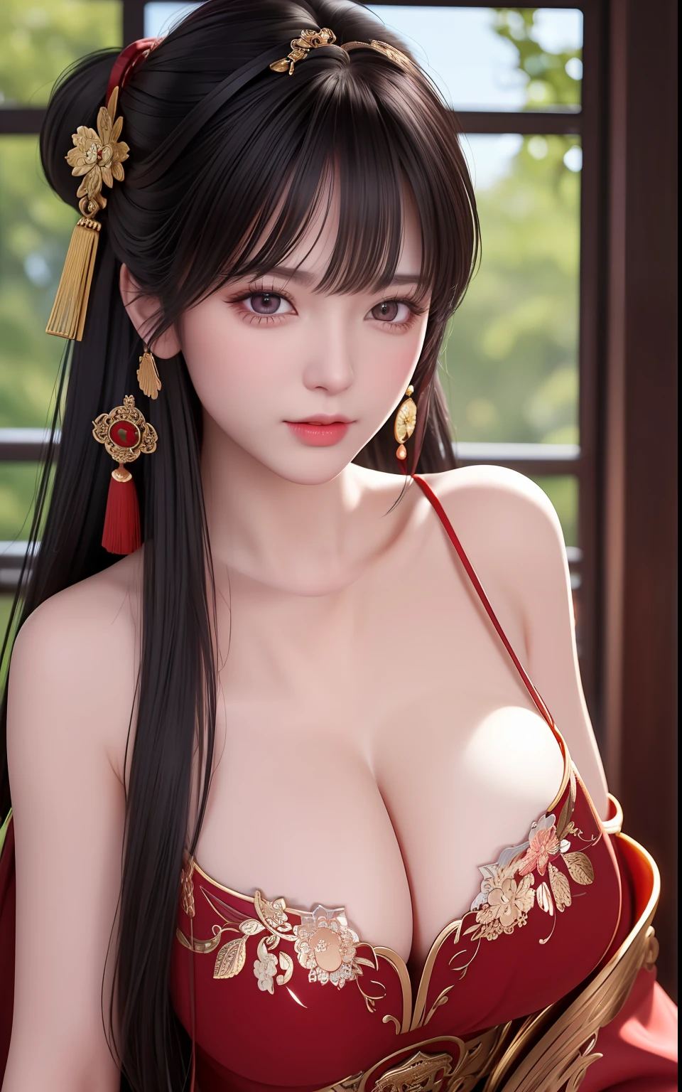 (best quality, masterpiece: 1.4), (realistic: 1.2), (realism: 1.2), (absurdity: 1.2), 4k, detailed, super-detailed, digital art, detailed facial features, (super-detailed eyes: 1.2). indoors, ancient chinese culture, old-style windows, (facial focus: 1.4), (close-up of face: 1.2), (very long, high dark black ponytail: 1.4), (bangs: 1.2), (black eyes: 1.4), (strong smell: 1.4), (anger: 1.2), looking at the audience, (cute lips: 1.4), (large breasts: 1.2), (sexy red belly: 1.4) translation tags., masterpiece, best quality, high quality, highres, amazing lighting, detail enhancement, most beautiful image in the world, 8k resolution, awe inspiring, hd