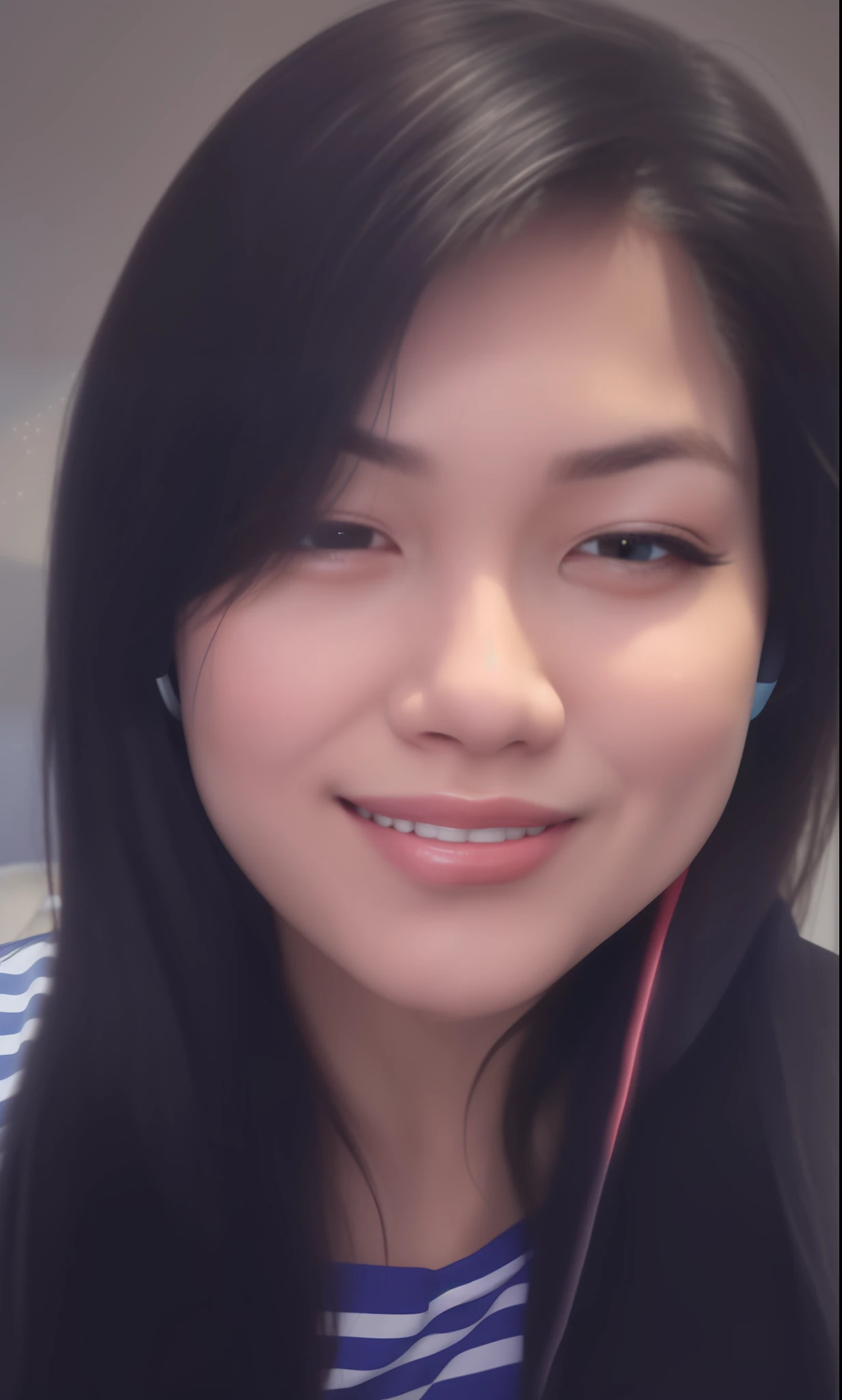 a close up of a woman with headphones on smiling, leaked photo, cindy avelino, selfie photo, profile picture, blurred photo, cute photo, potrait, non blurry, nivanh chanthara, desaturated!!, with accurate face, profile pic, with a beautifull smile, not blurry, with kind face, slight cute smile, well edited