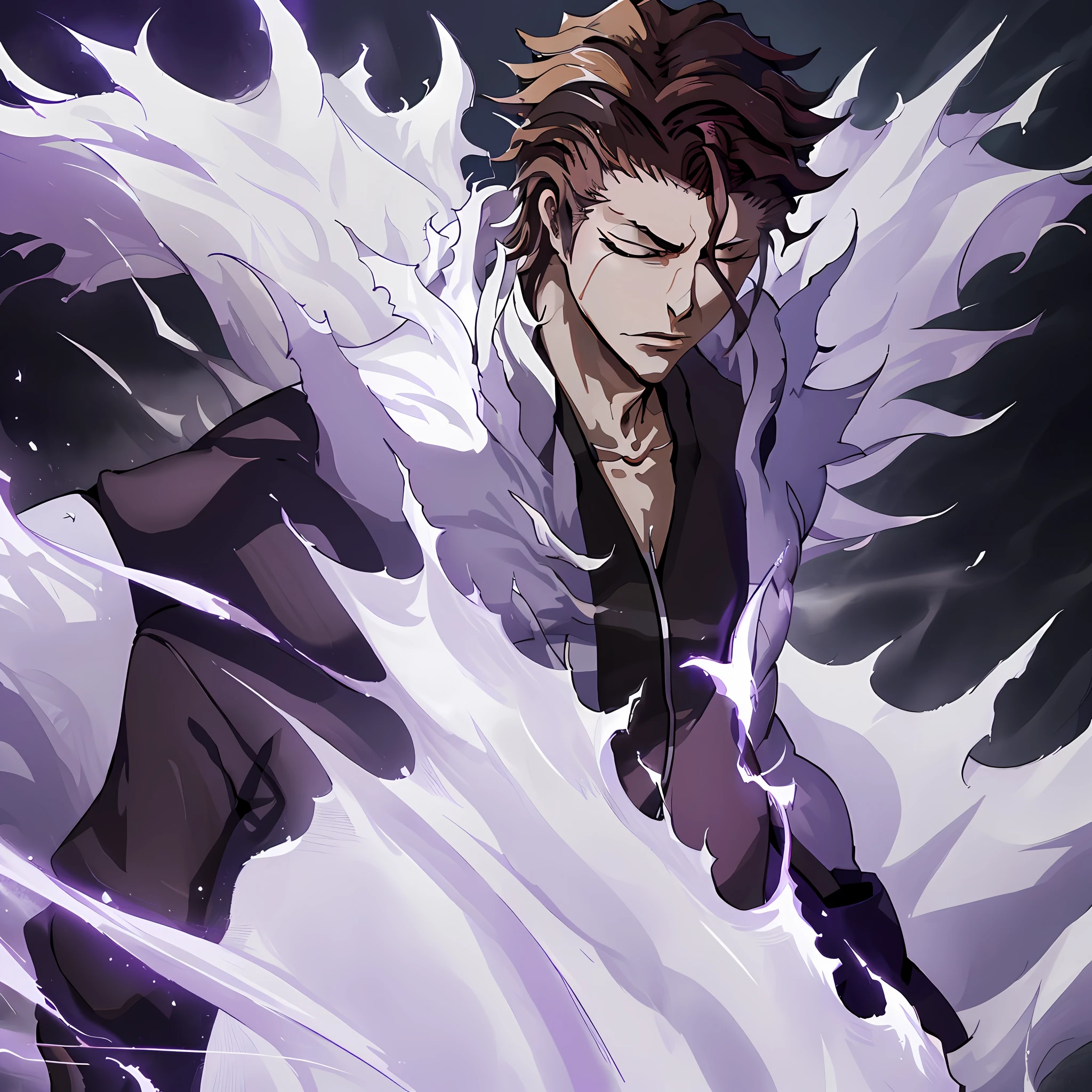 (masterpiece, best quality:1.2),1boy,solo,(Sōsuke Aizen),close up,badass pose,bleach, powerful aura, purple aura,8k,64k, HD, unparalleled masterpiece, dynamic lighting, cinematic, epic,highest quality digital art, Stunning art, wallpaper 4k,8k,64k, HD, unparalleled masterpiece, dynamic lighting, cinematic, epic