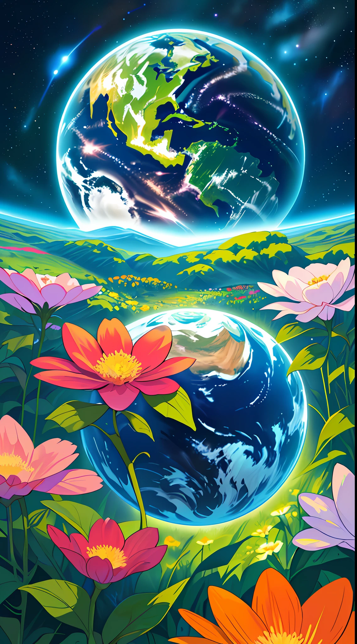 (Best Quality, Masterpiece), A Beautiful Earth, ((No Man)) (Beautiful Planet Illustration), (Flowers, Life, Plants, Green), (Bright Stars), (Hyperdetail, Dynamic Camera), (Wide Angle), (Celestial Illumination), (Vivid Colors and Saturation)