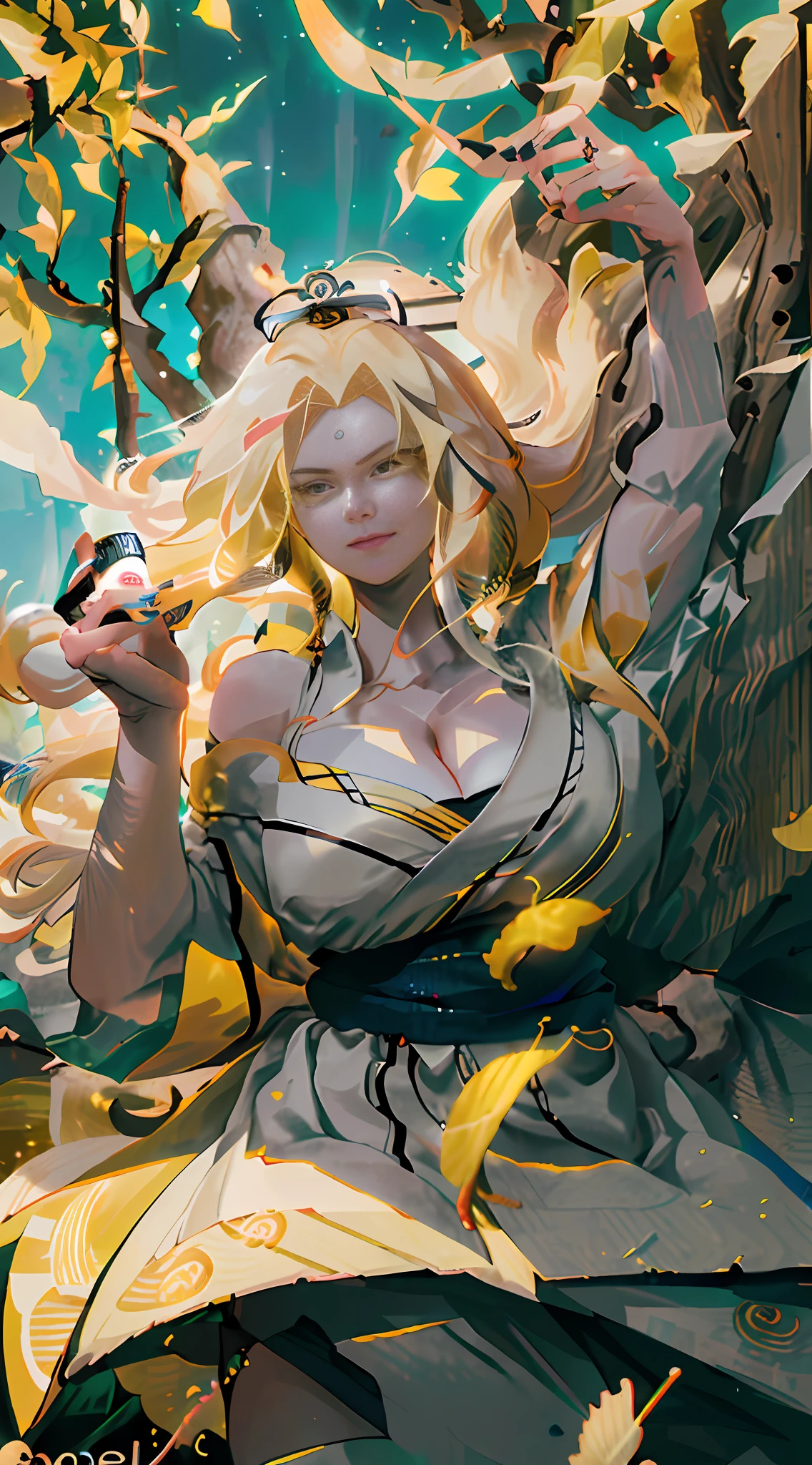 TsunadeNS, tsunade_senju, woman delicate, beautiful fingers, beautiful bright eyes, delicate hands, impossible clothes, taut shirt, thighs, sweet, (best illumination, an extremely delicate and beautiful), (exceptional, best aesthetic, new, newest, extremely detailed, anime:1.2), intricate_detail, official art, finely detailed beautiful face, overexposure, 1girl, solo, huge and saggy breasts, kimono, cleavage, smile, (depth of field), full body, (yellow hair:1.4), lips, alcohol, bottle, sake_bottle, cup, holding, off_shoulder, (masterpiece), (best quality), (ultra-detailed), sharp focus, detailed face, ((perfect anatomy)), long hair, (arm + hand + 1_thumb), Five fingers each, perfect hands, (best shadow), high-resolution illustration, 8k, dark intense shadows, high resolution, (beautiful detailed face), ((high contrast)), ((cinematic light)), high quality anime, anime art style, perfect lighting, (intricate details), colorful, hyper detail, dynamic angle, light around the character, particles, (Behavior: relaxed, carefree, free-spirited), open sky, (highly detailed background:1.0), soft lighting, (very detailed background:1.0), ((landscapedwith beautiful in the background, wind in the forest with many falling leaves and beautiful clouds)), (best possible illustration), water and rivers, mountains and nature, tree and leaves, wind and particles,(thepit bimbo:0.9)