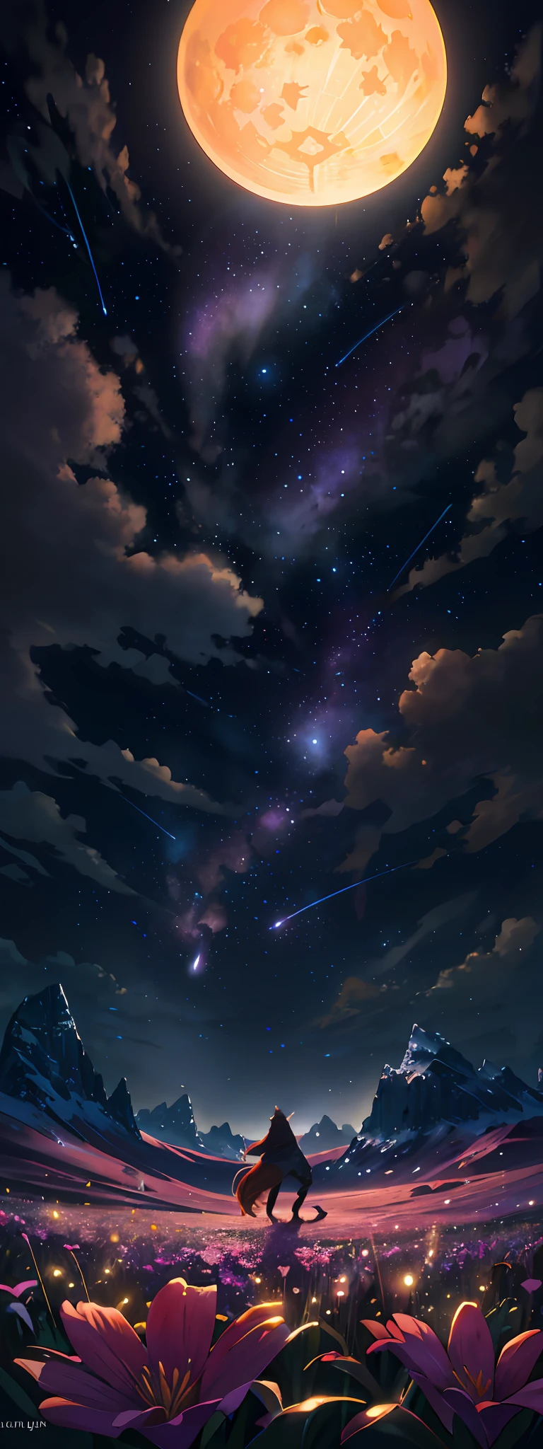 expansive landscape photography, (a view from below showing the sky above and the open field below), a wolf in a field of flowers looking up, (full moon: 1.2), (shooting stars: 0.9), (nebula: 1.3), distant mountain, Tree BREAK production art, (warm light source: 1.2), (Firefly: 1.2), lamp, lots of purple and orange, intricate details, volumetric lighting, BREAK realism (masterpiece: 1.2), (best quality), 4k, ultra-detailed, (dynamic composition: 1.4), very detailed, colorful details, (iridescent colors: 1.2), (bright lighting, atmospheric lighting), dreamy, magical, (only: 1.2)