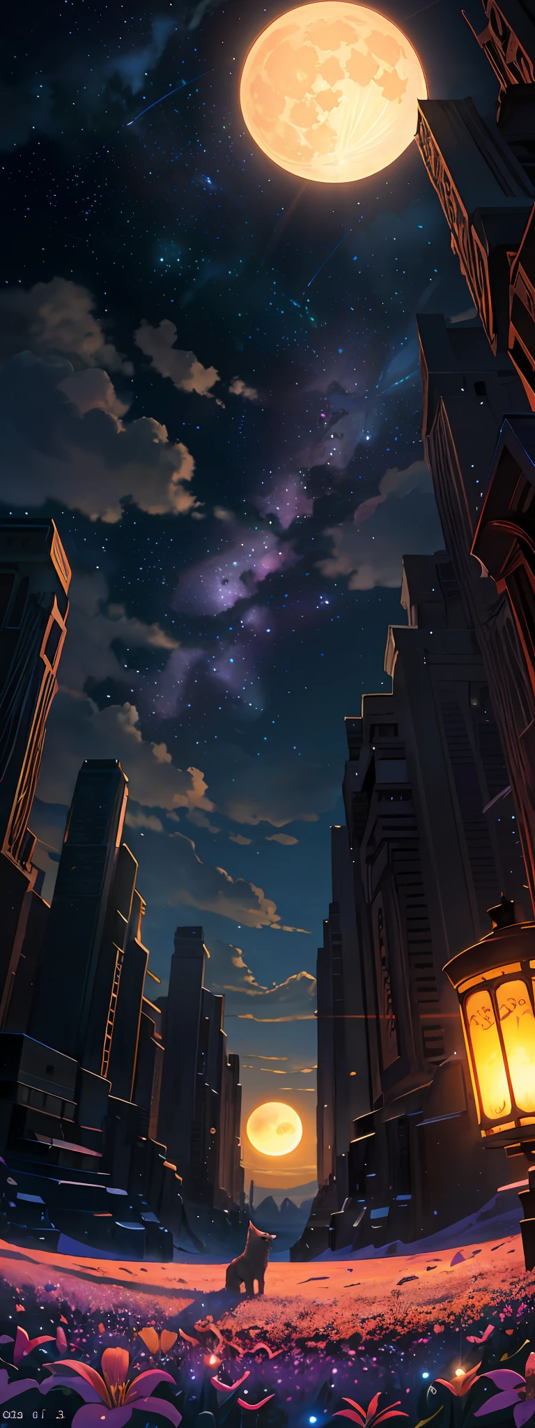 expansive landscape photography, (a view from below showing the sky above and the open field below), a wolf in a field of flowers looking up, (full moon: 1.2), (shooting stars: 0.9), (nebula: 1.3), distant mountain, Tree BREAK production art, (warm light source: 1.2), (Firefly: 1.2), lamp, lots of purple and orange, intricate details, volumetric lighting, BREAK realism (masterpiece: 1.2), (best quality), 4k, ultra-detailed, (dynamic composition: 1.4), very detailed, colorful details, (iridescent colors: 1.2), (bright lighting, atmospheric lighting), dreamy, magical, (only: 1.2)